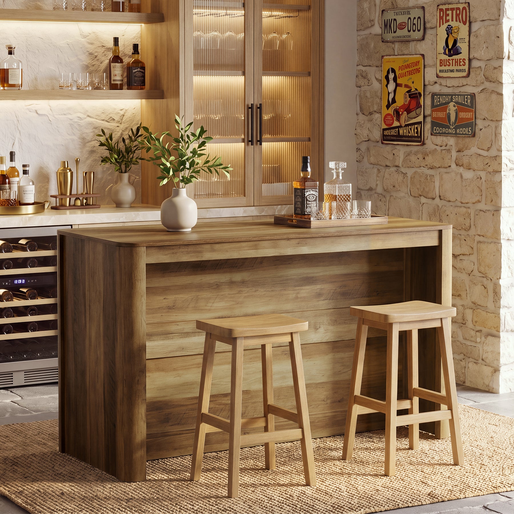 59" Bar Table, Rectangle Counter Height Pub Table Home Bar Unit with Storage Shelves