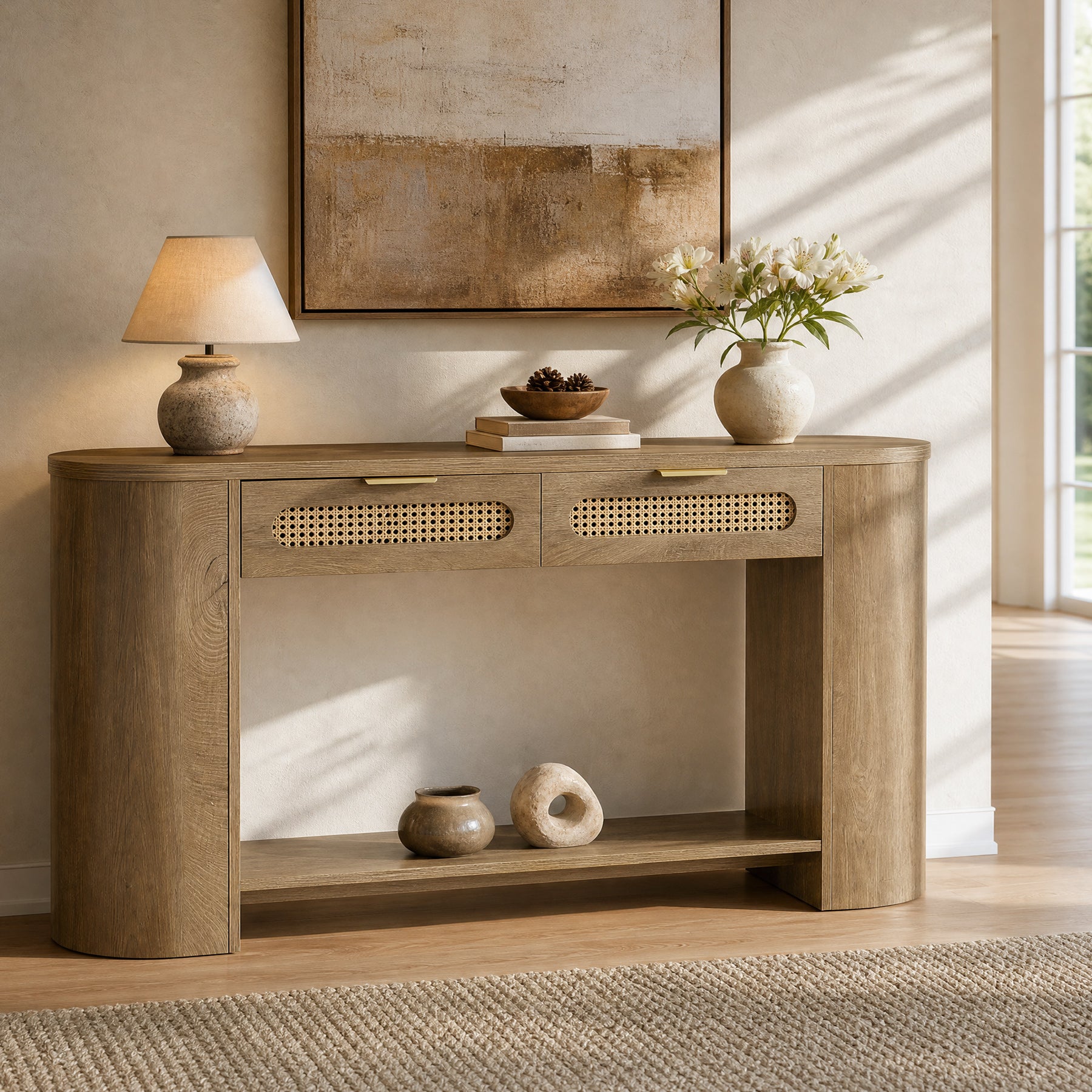 55" Console Table, Farmhouse Entryway Sofa Table With 2 Rattan Drawers & Shelf