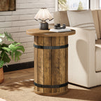 Round end table beside sofa in modern rustic living room
