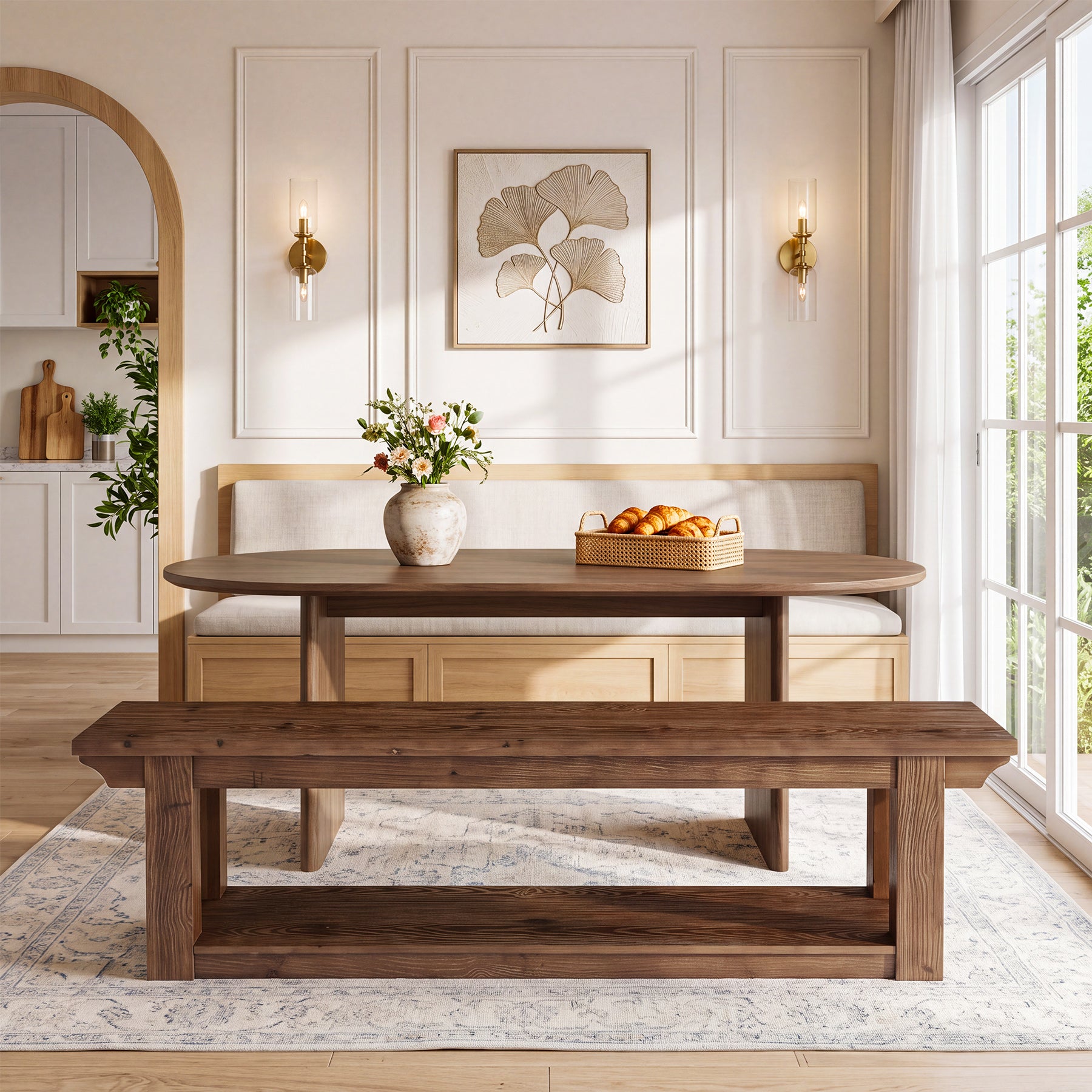 63" Dining Bench with Storage, Farmhouse Solid Wood 2-Tier, Kitchen & Dining Room
