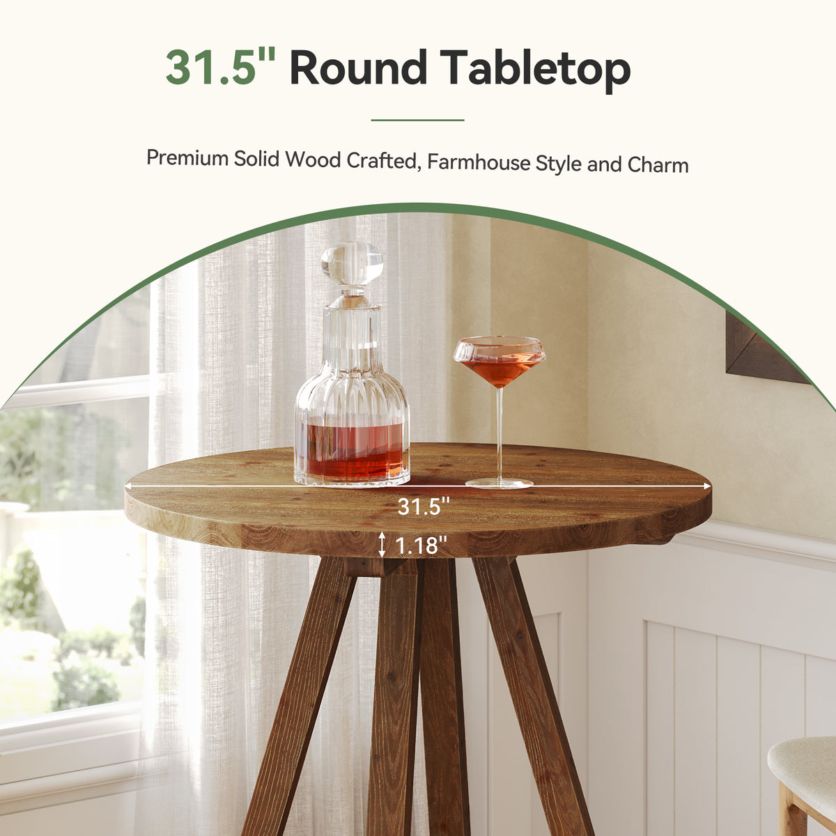 31.5" Round Bar Table, Solid Wood Pub Bistro Table