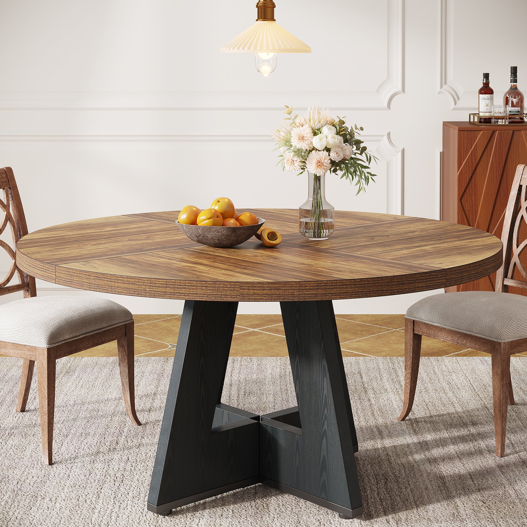 47 Inch Round Dining Table for 4-6#Color_Rustic & Black