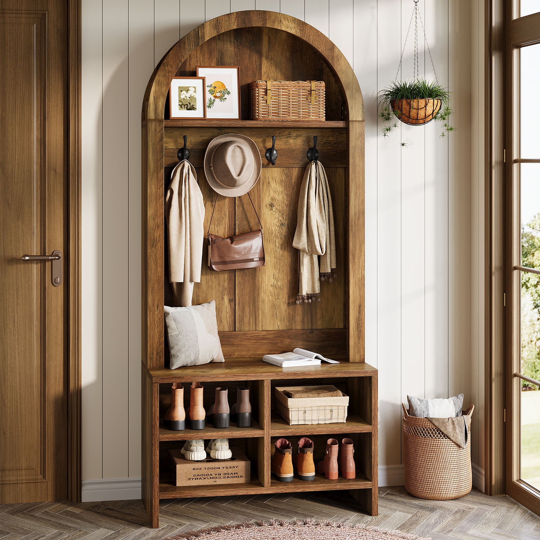 Hall Tree, Arched Coat Rack with Bench and Shoe Storage - Thumbnail 5