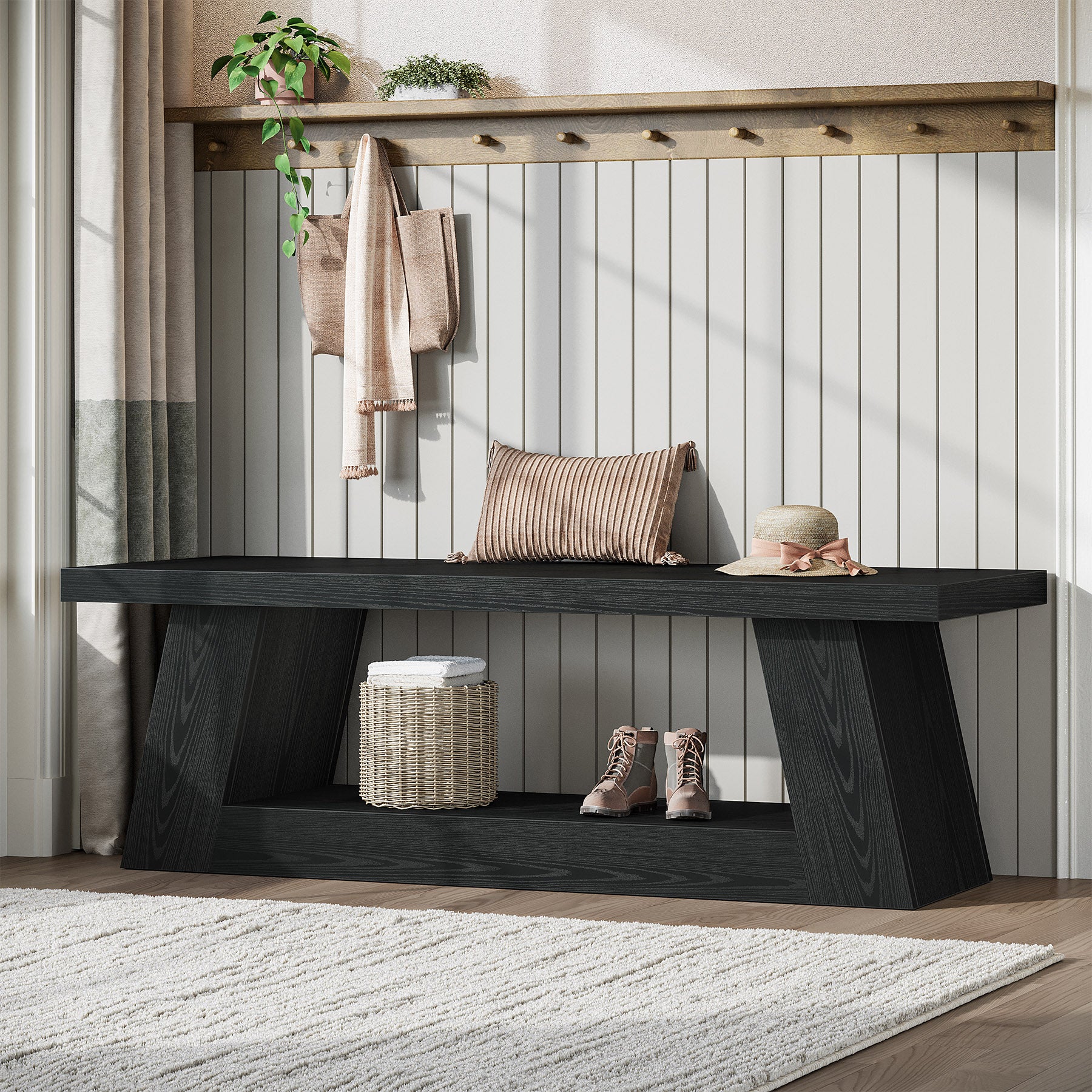 63" Entryway Bench with Storage Shelf, 2-Tier End of Bed Bench