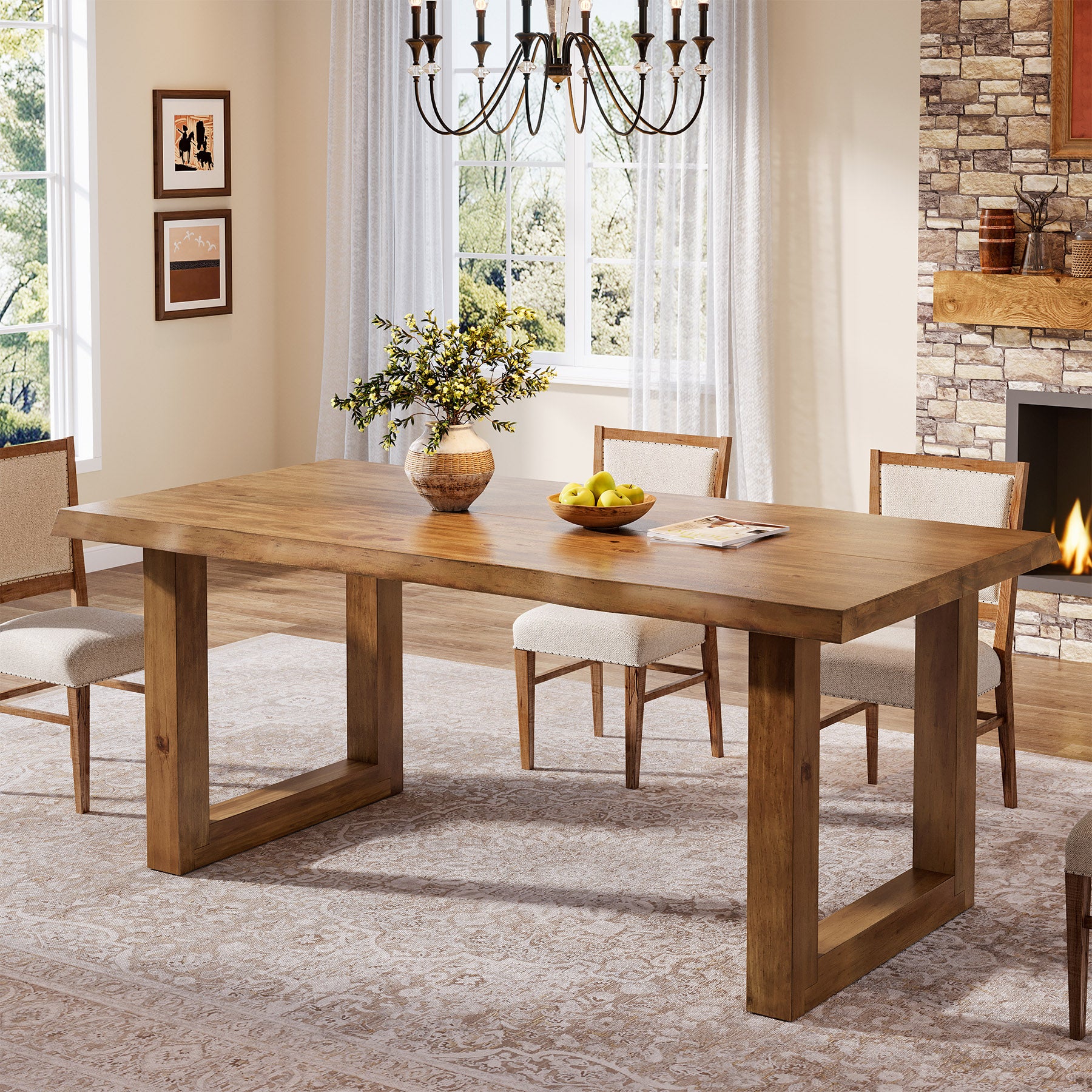 63" Solid Wood Dining Table, Farmhouse Kitchen Table for 4-6 People
