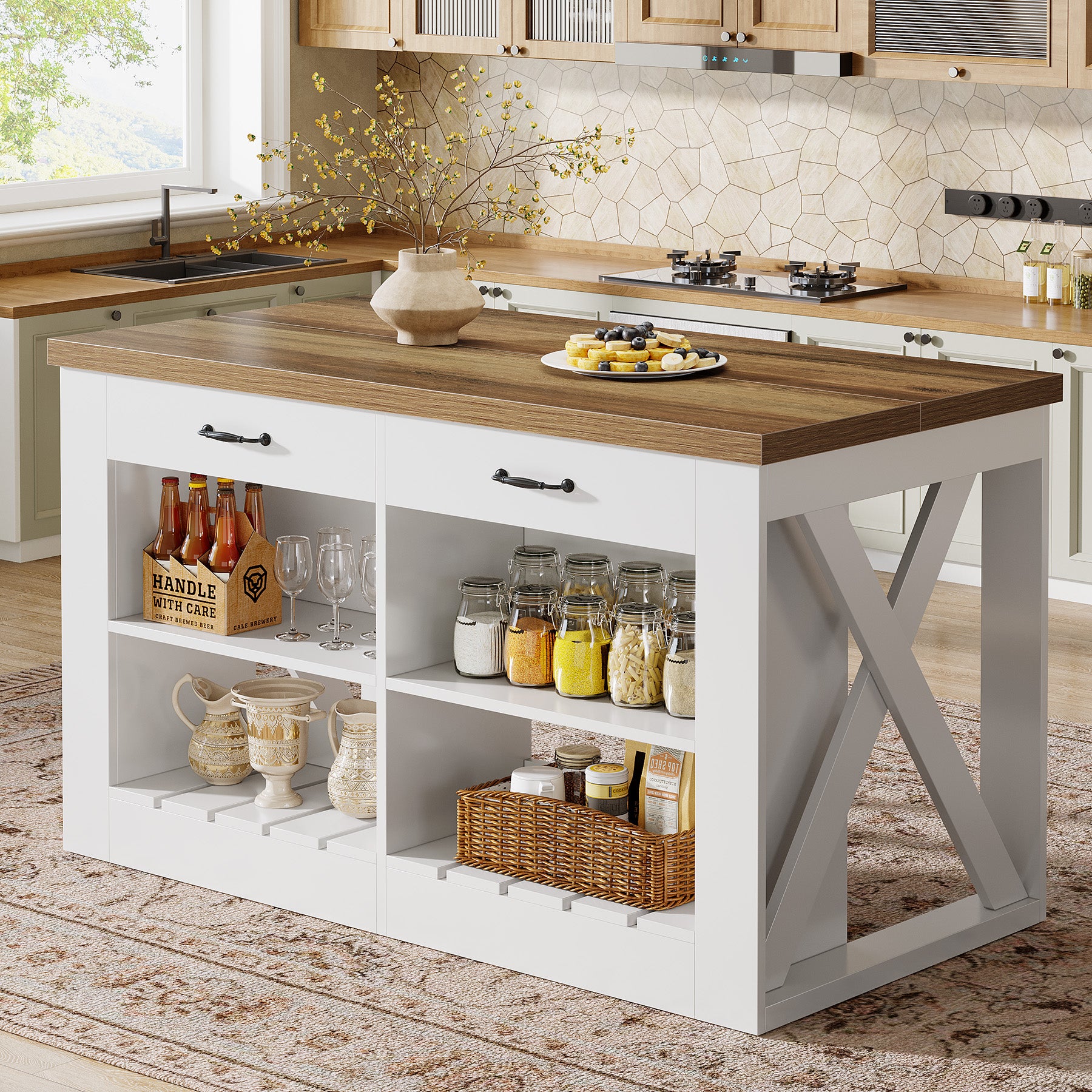 55" Kitchen Island, Wooden Bar Table with 2 Drawers and Open Shelf