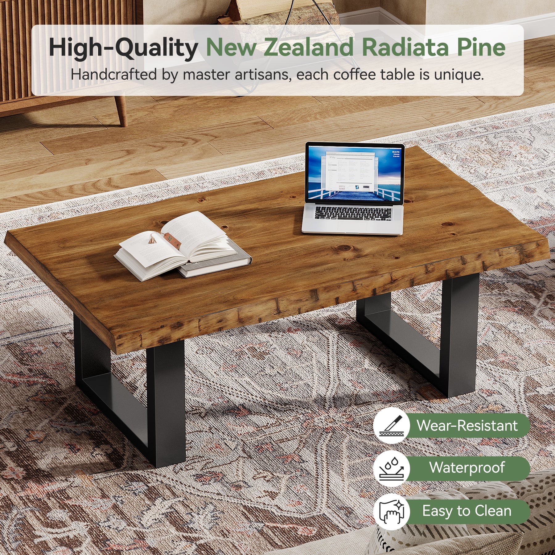 47" Solid Wood Coffee Table, Industrial Modern Center Table with Metal Base for Living Room