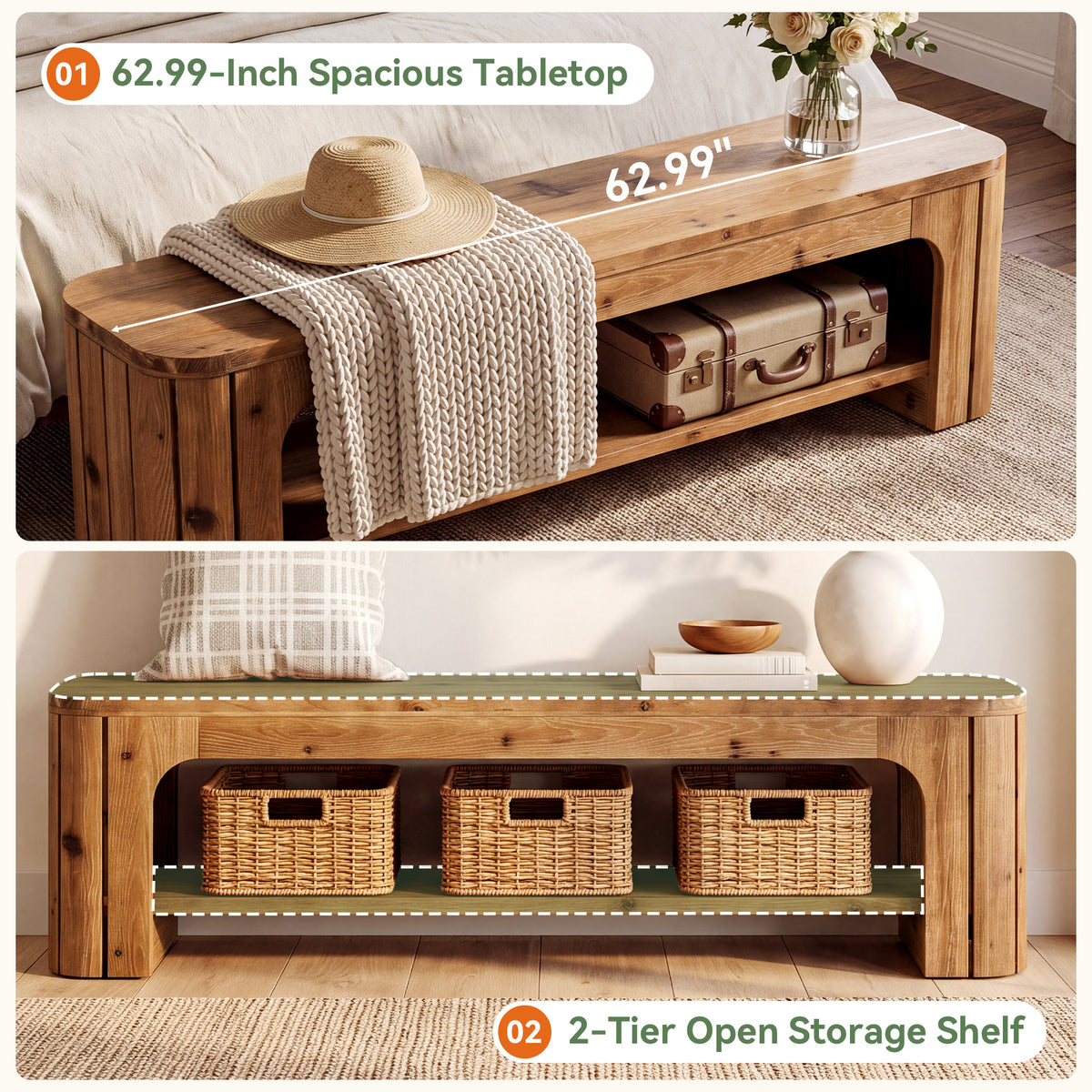 63" Solid Wood Entryway Bench, 2-Tier Open Shoe Storage, Rustic Hallway Bench