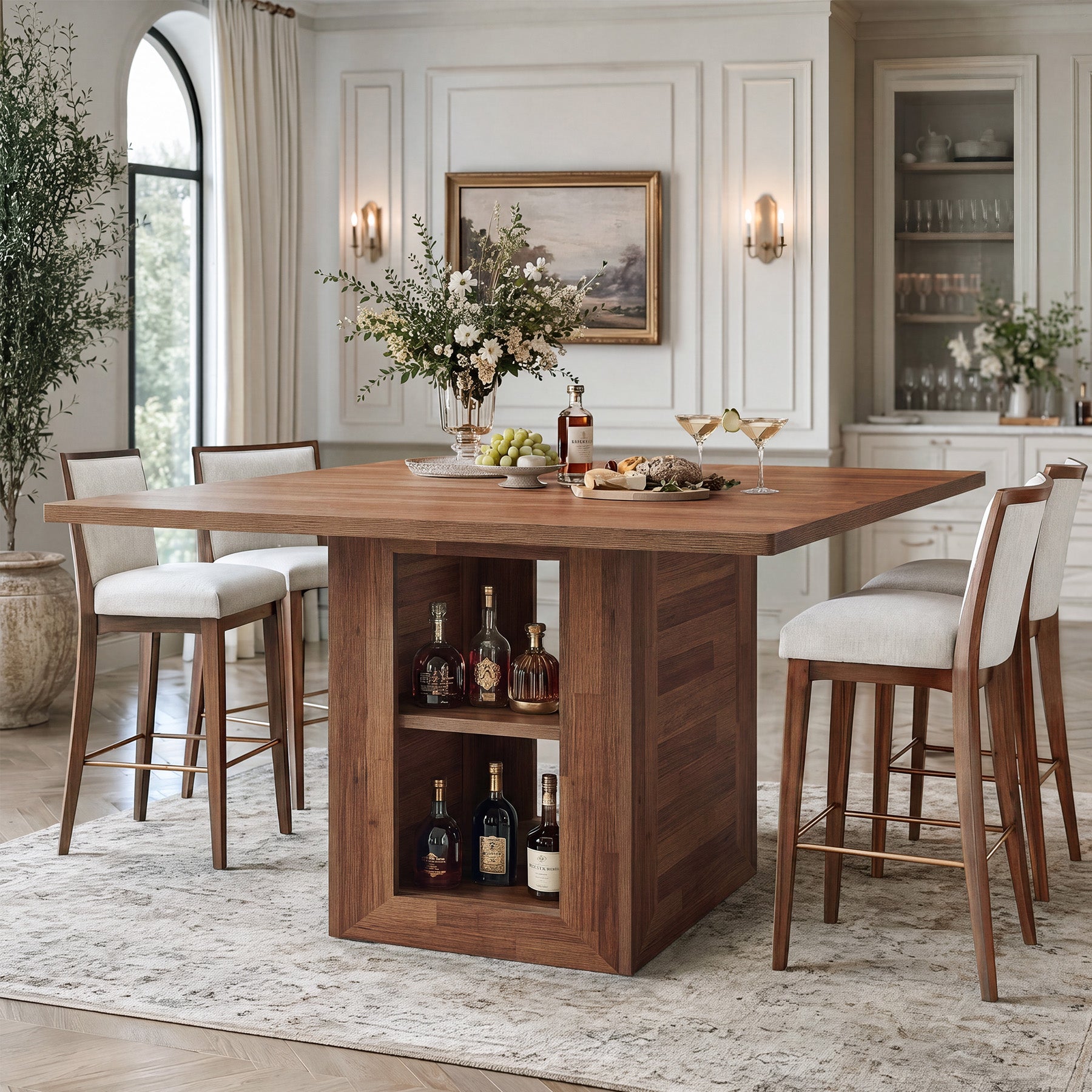 47" Square Counter Height Dining Table with Open Storage, High Top Kitchen Table