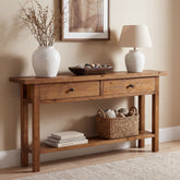 63" Solid Wood Console Table, Narrow Sofa Entryway Table with 2 Drawers and Shelf 3