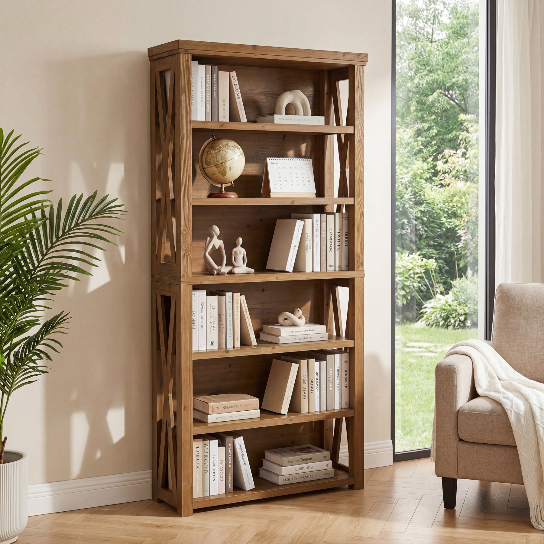 72" Tall Bookshelf, 6-Tier Solid Wood Bookcase with Open Shelves