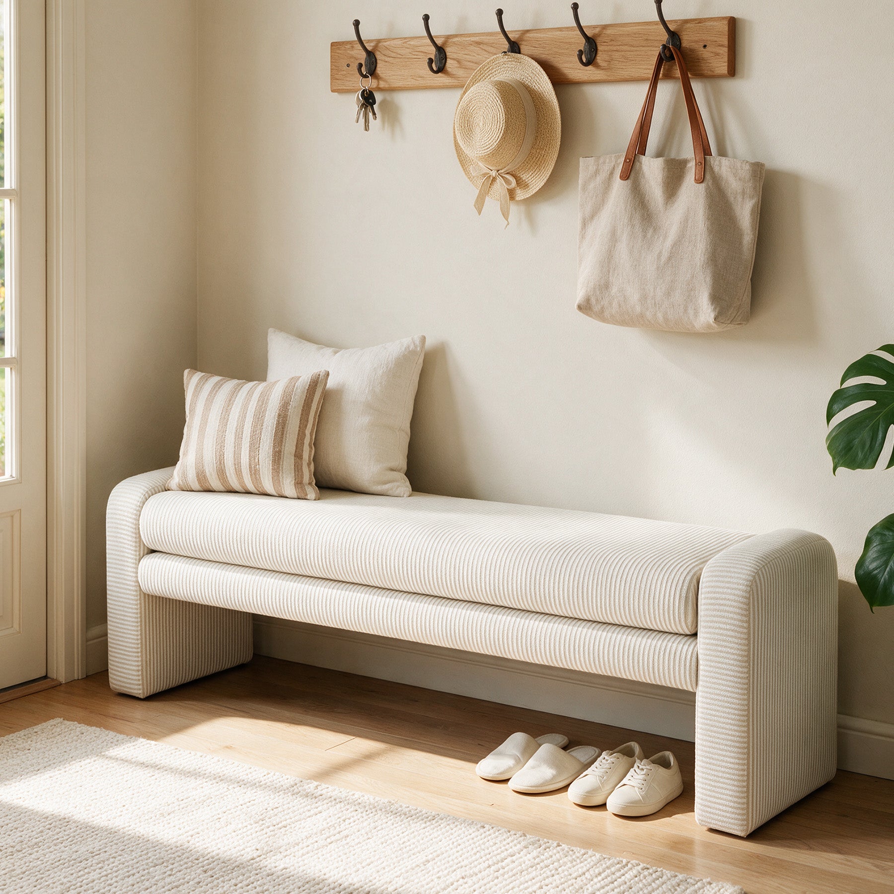 55" Solid Wood End of Bed Bench with Cushion, Modern Upholstered Entryway Bench for Living Room