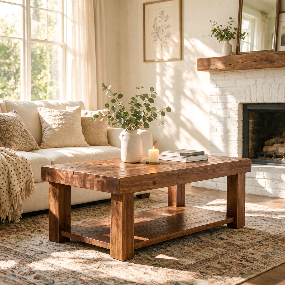 55" Modern Farmhouse Solid Wood Coffee Table, Rectangular with 2-Tier Storage