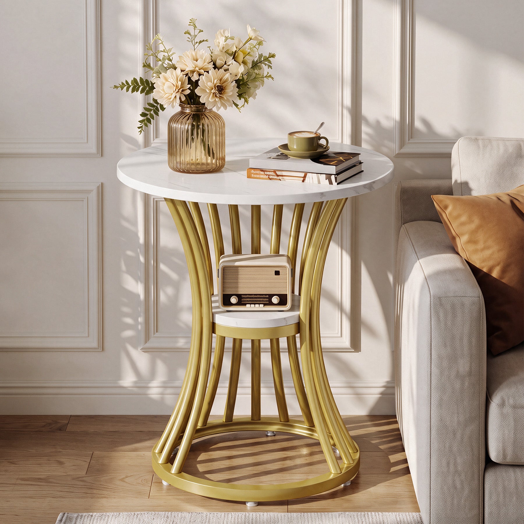 19" Round Faux Marble End Table, 2-Tier Modern Side Table, Indoor Outdoor, Living Room Patio