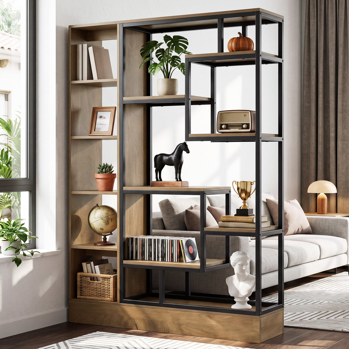 70.9" Wall Room Divider, Industrial Privacy Screen Partition with Open Shelves & Metal Frame