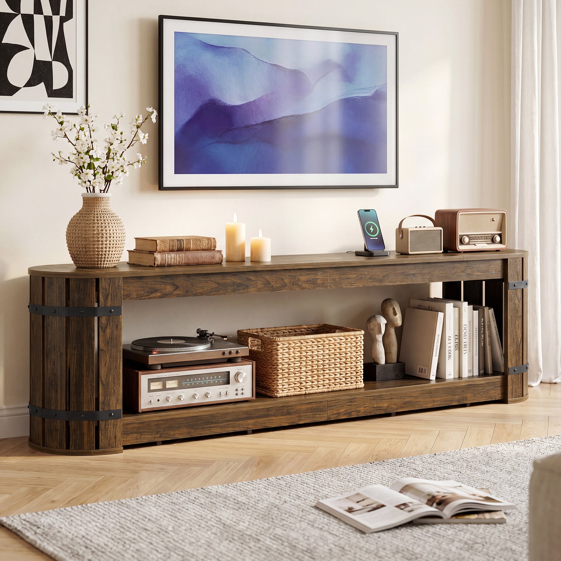82.68" TV Stand for TVs up to 90", Long Media Console with 2-Tier Storage