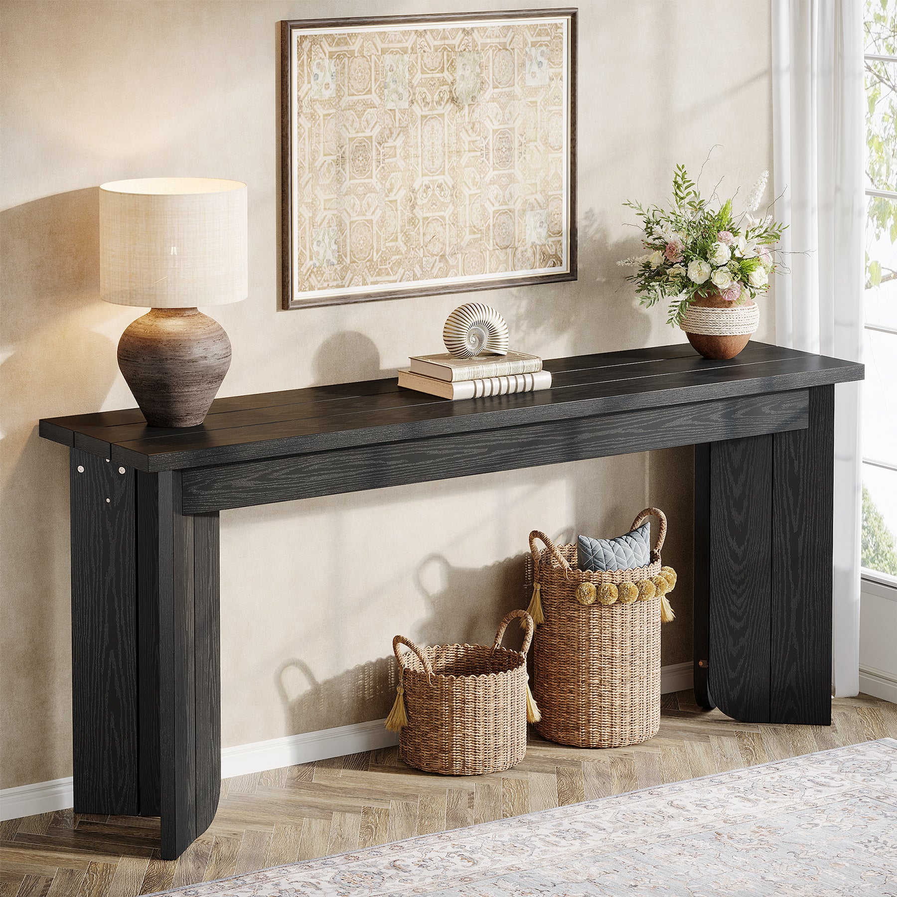 70.9" Console Table, Wood Sofa Table Hallway Table with Double Pedestal