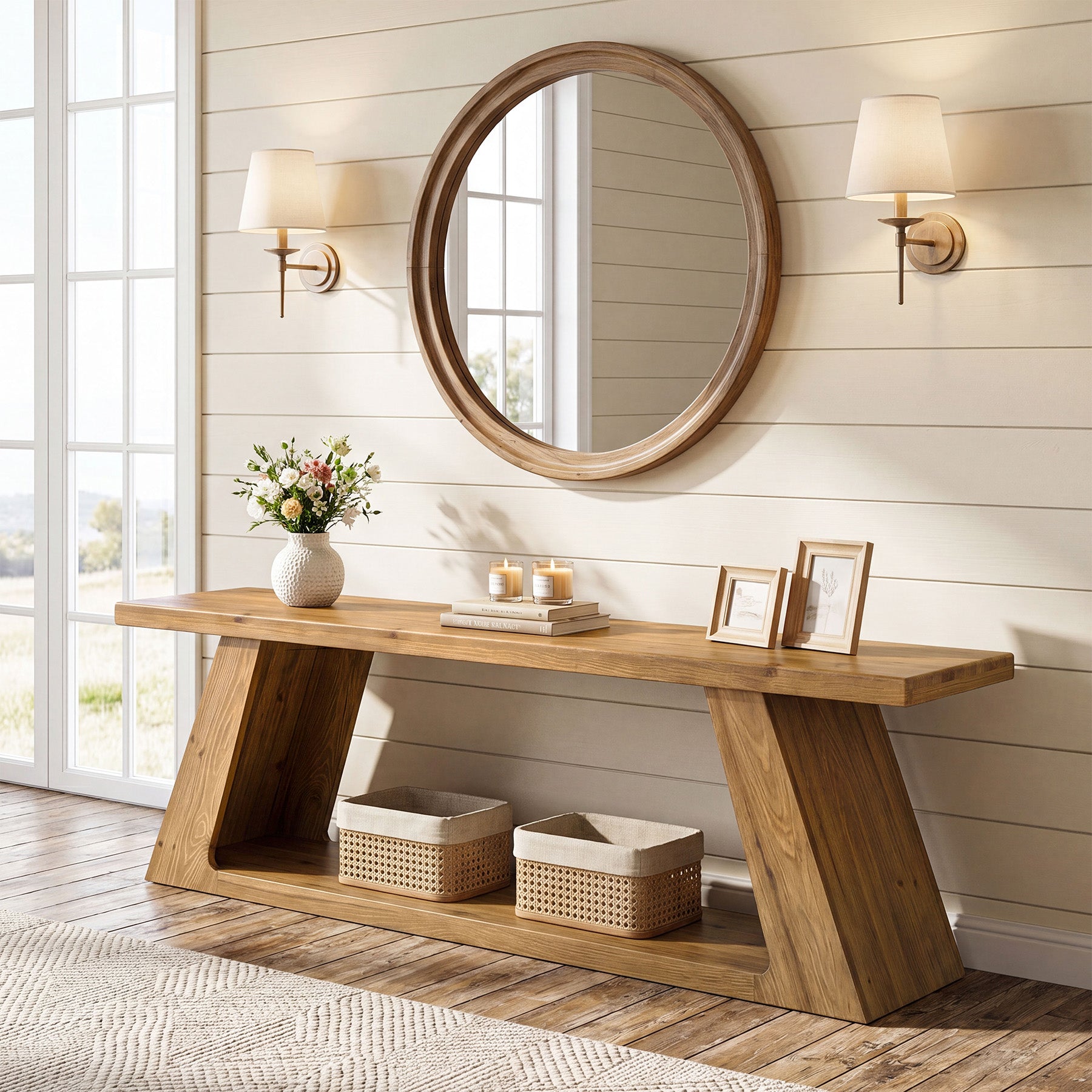 63" Solid Wood Console Table, Farmhouse Sofa Table with 2-Tier Open Shelf for Entryway
