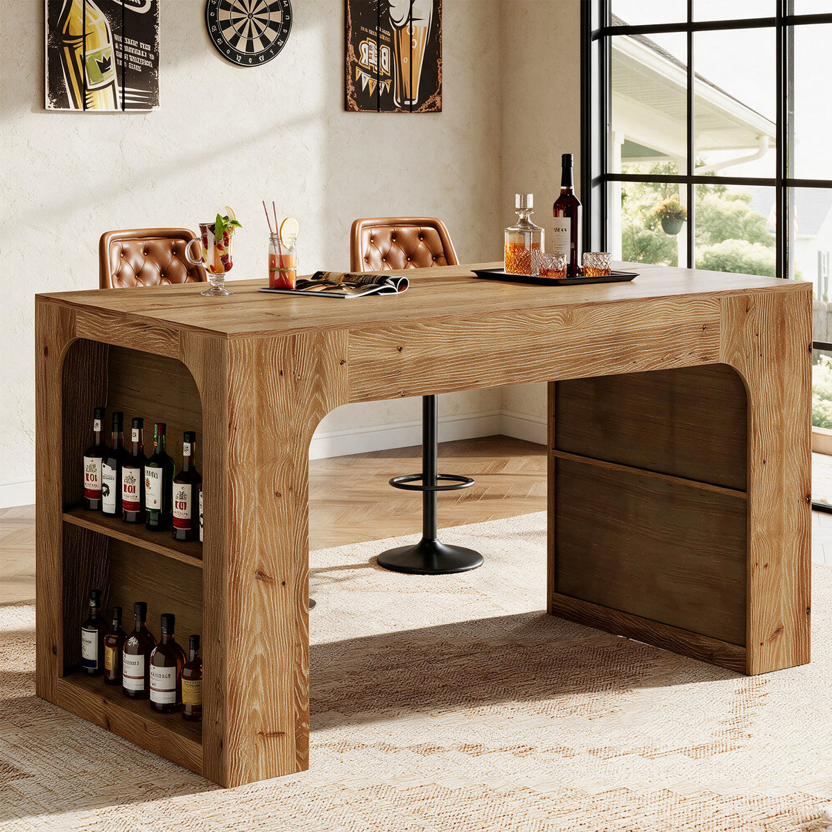 63" Solid Wood Counter Height Bar Table with Storage Shelves, Dining Room