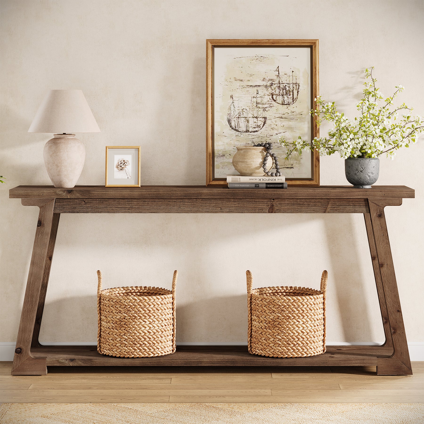 63" Console Table, Wood Sofa Table with 2-Tier Storage for Living Room