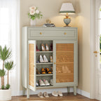 Wooden Shoe Cabinet, Rattan Shoe Organizer with Doors and Drawer Tribesigns