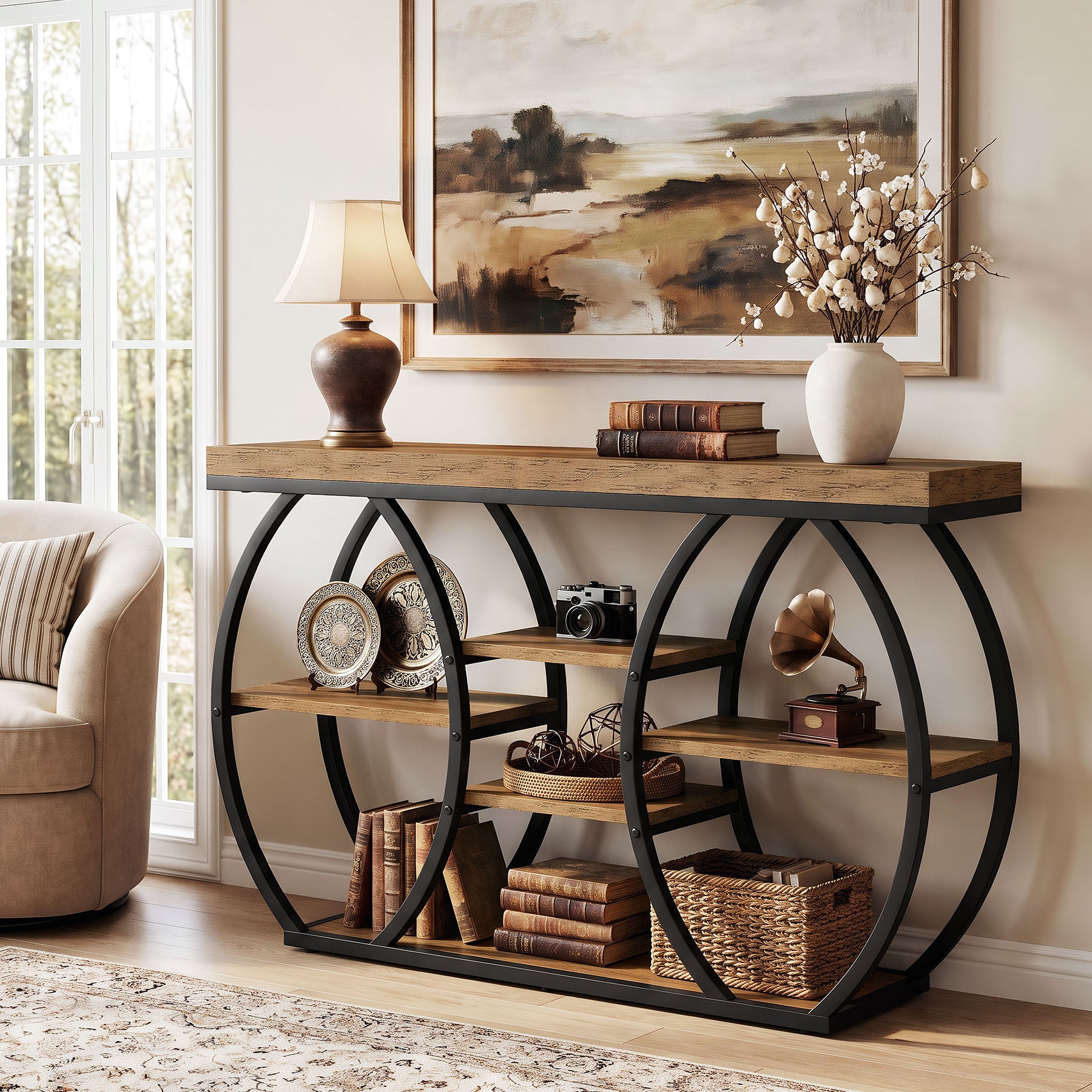 47" Console Table, 4-Tier Narrow Sofa Table with Artistic Curved Metal Frame for Entryway