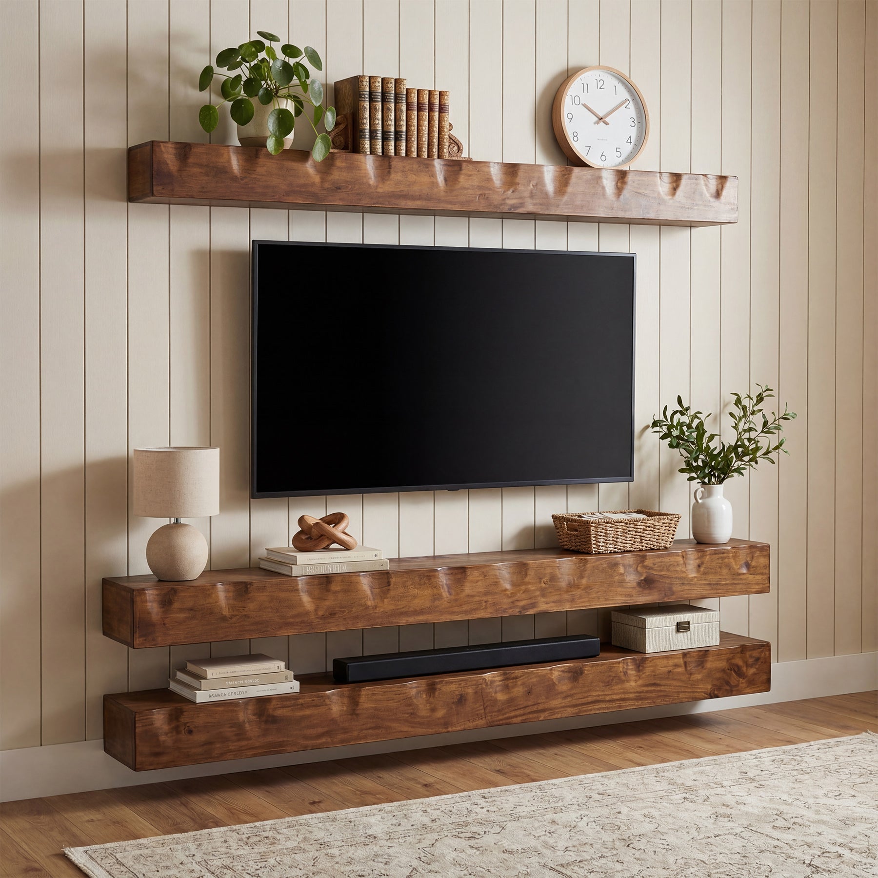 Solid Wood Floating TV Stand, 63" Wall Media Shelf for TVs Up to 75"