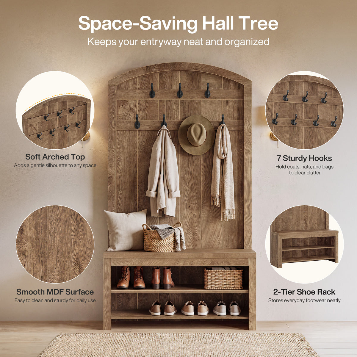 70.9" Hall Tree with Coat Rack and Shoe Storage, 3-in-1 Farmhouse Entryway Organizer with 7 Hooks