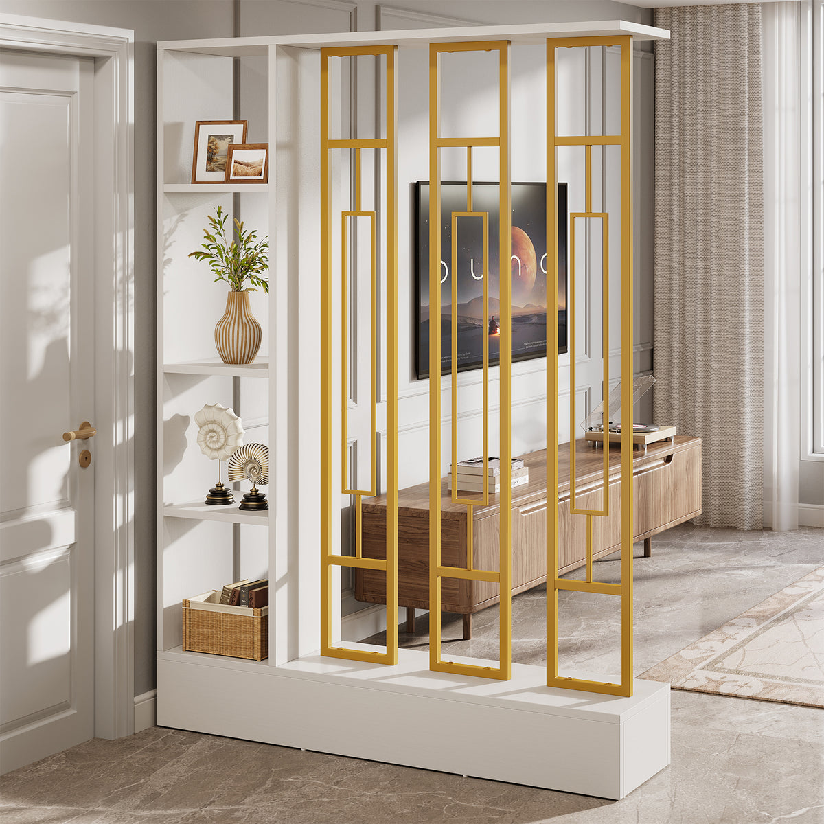 70.9" Wall Room Divider, Freestanding Wall Partition with Display Shelves