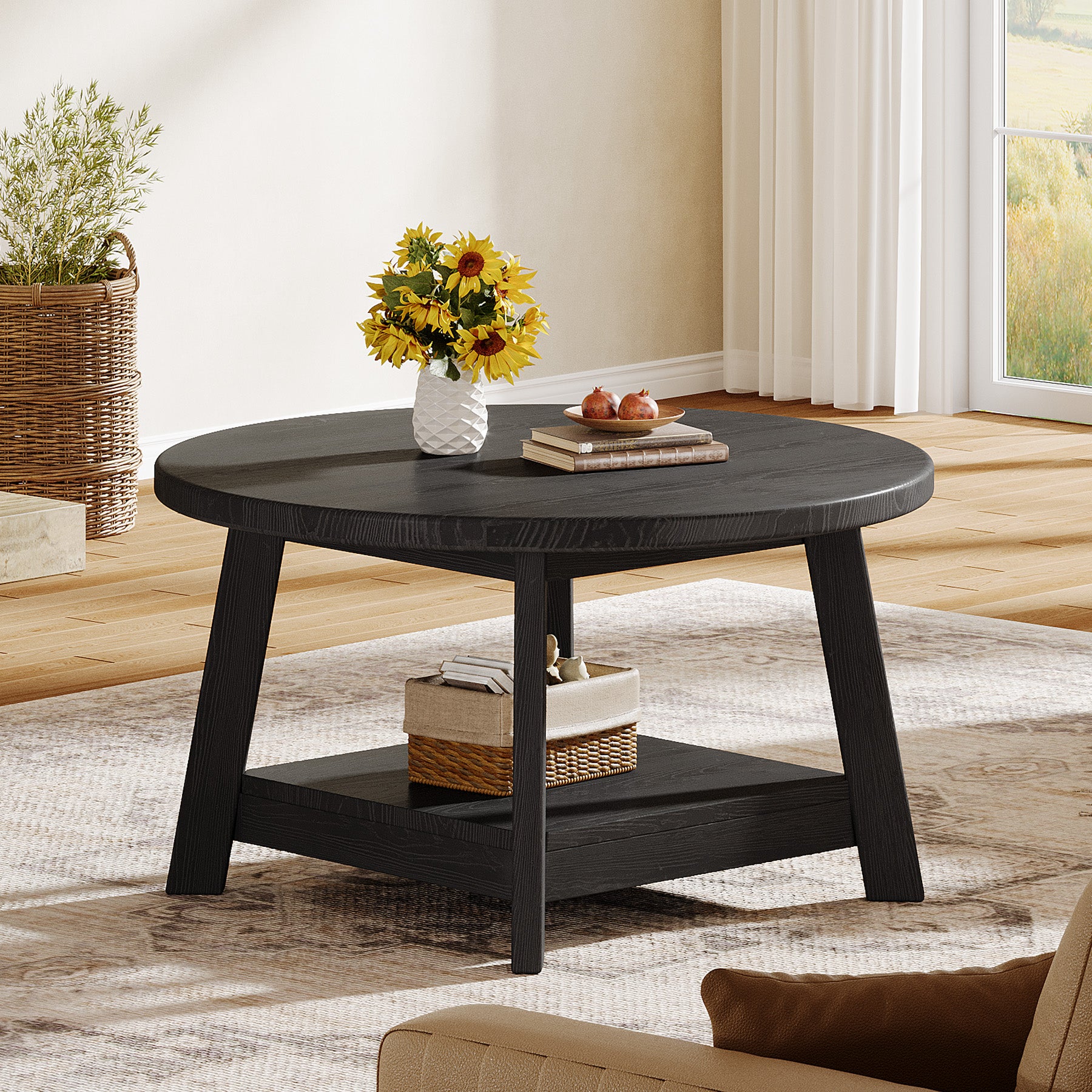 31.5" Round Coffee Table, 2-Tier Solid Wood Center Cocktail Accent Table