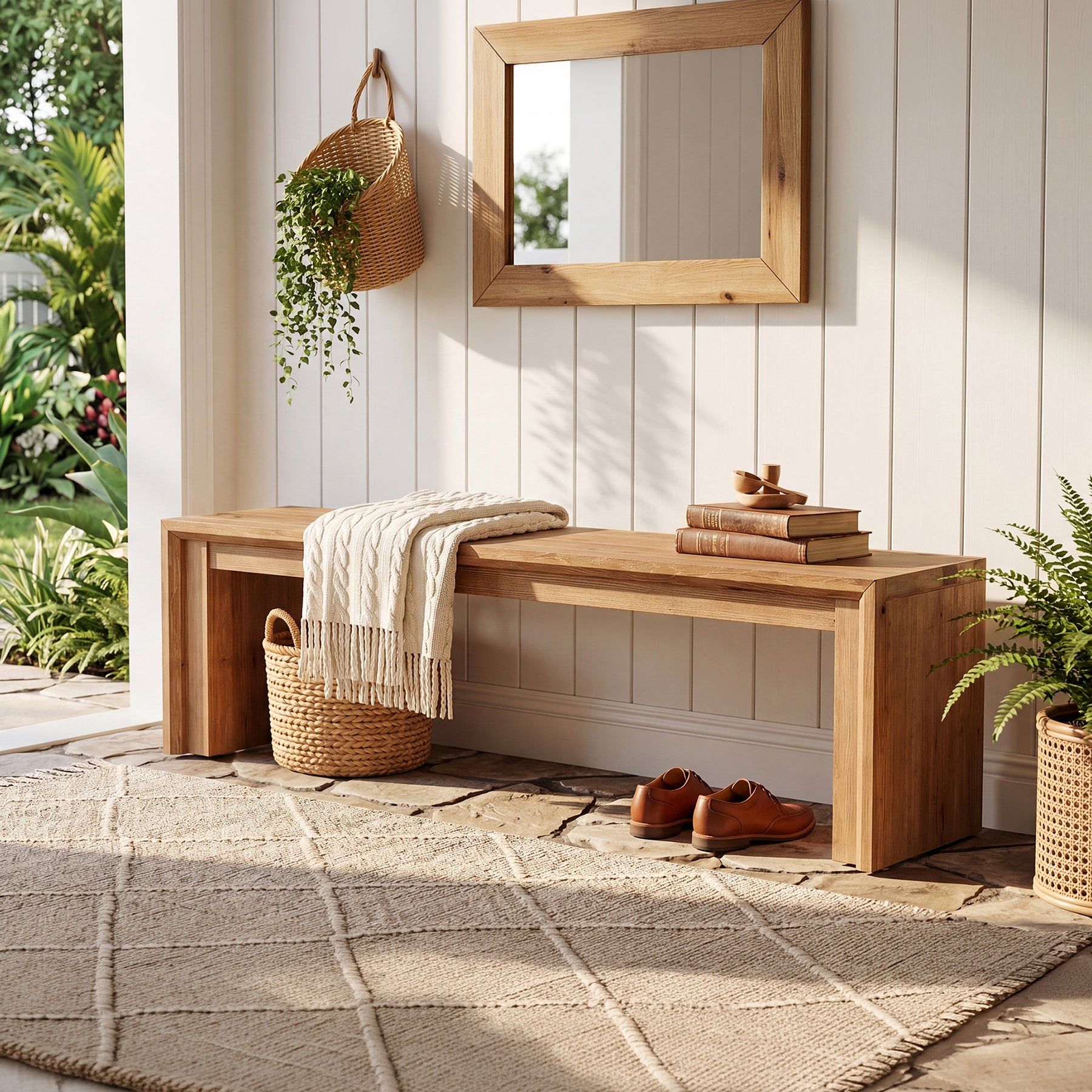 63" Solid Wood Entryway Shoe Bench, Farmhouse End of Bed Bench for 2-3 People