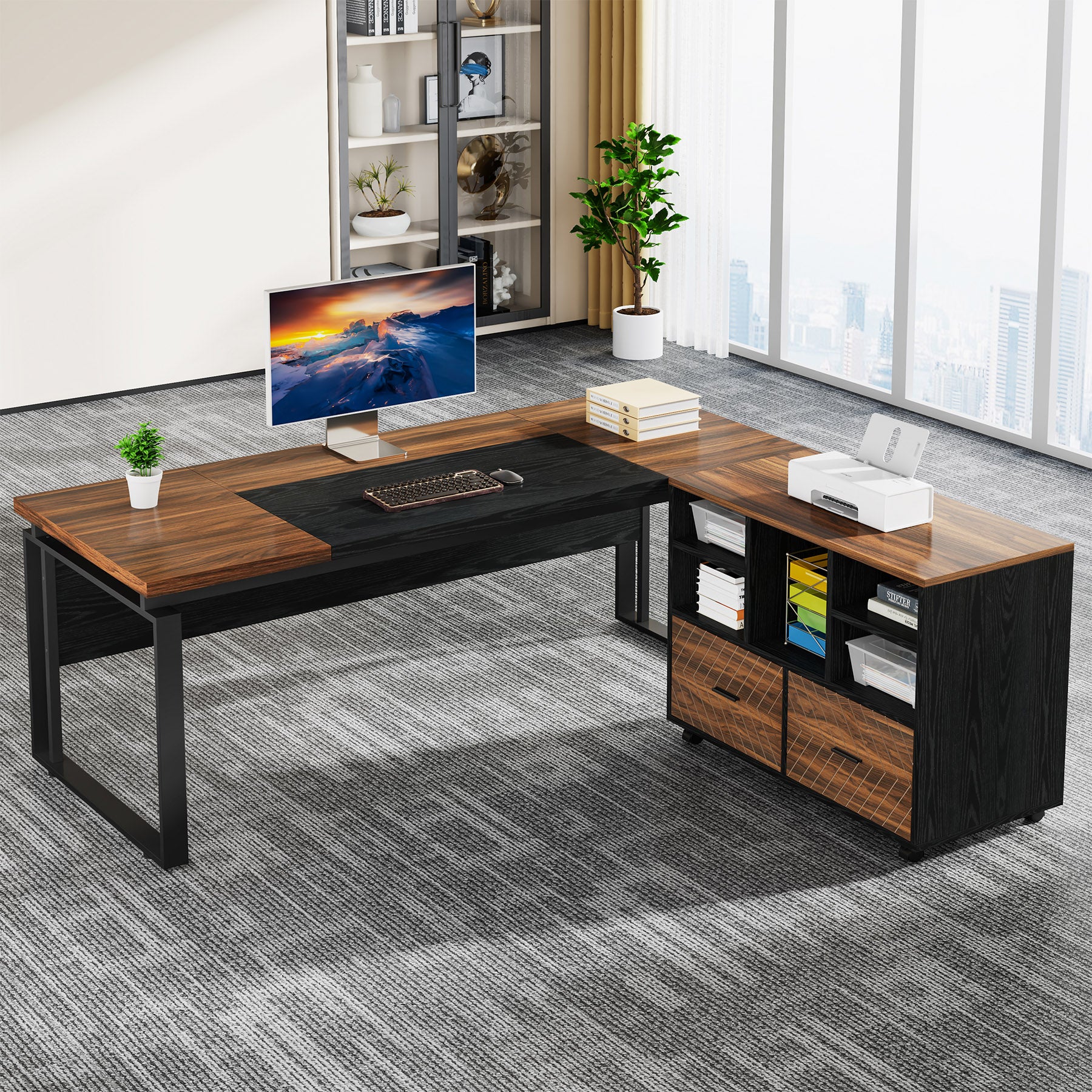 L-Shaped Executive Desk, 63" Computer Desk with Mobile File Cabinet