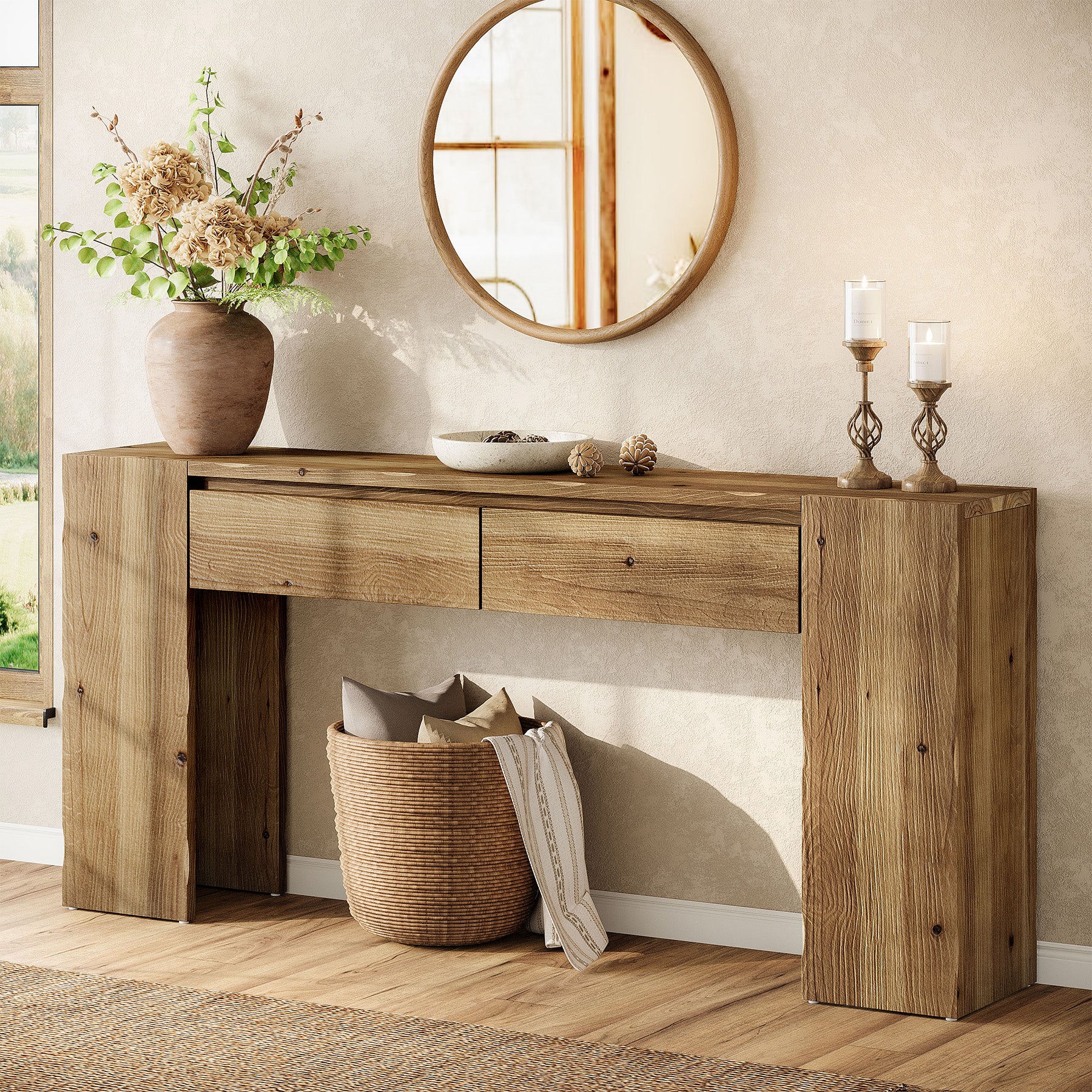 63" Solid Wood Console Table with Drawers, Narrow Entryway Sofa Table for Hallway & Living Room