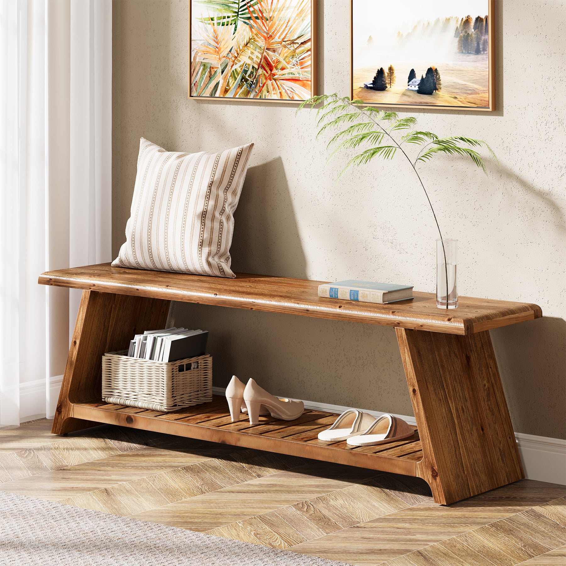 63" Solid Wood Entryway Bench, Narrow Shoe Bench Seat with Storage