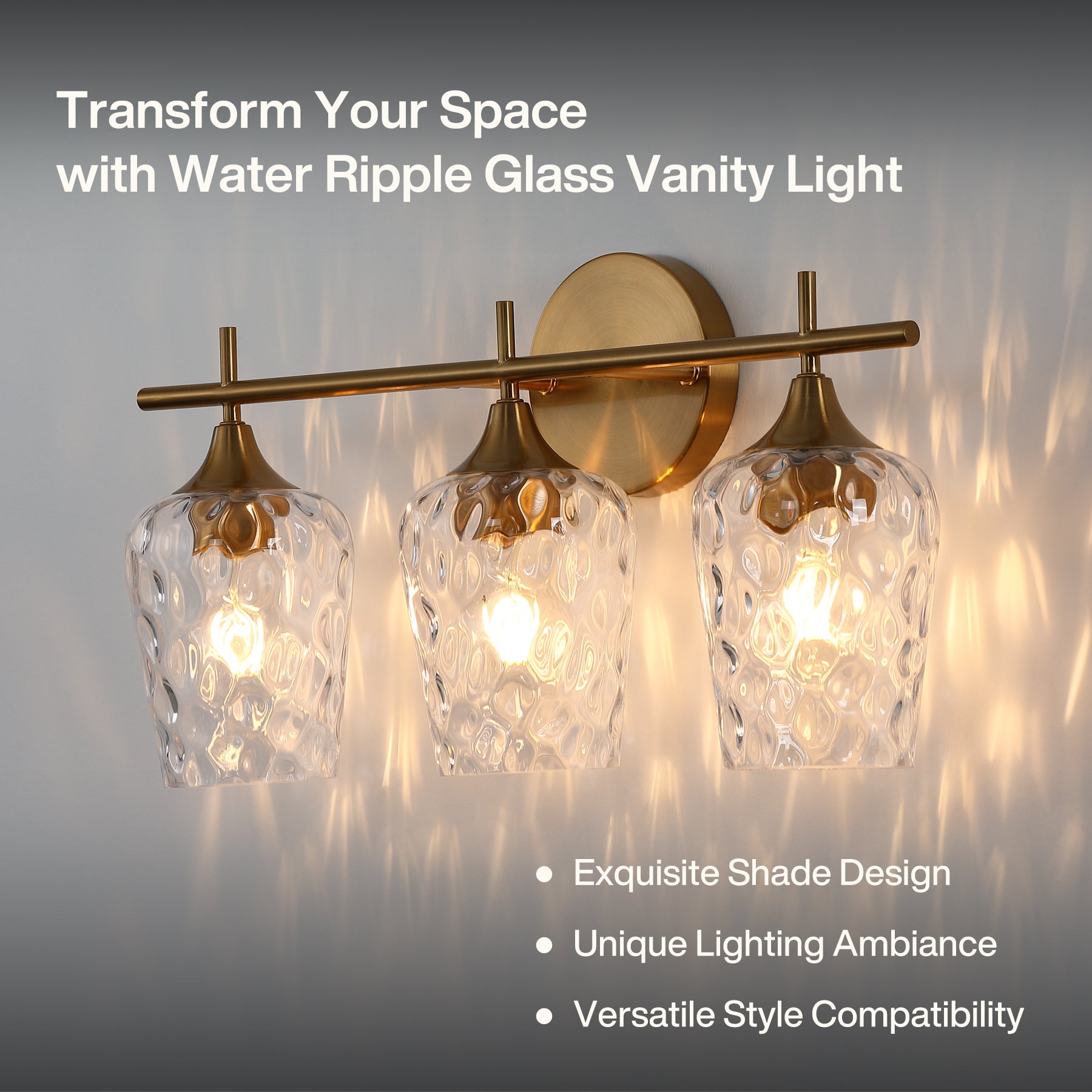 3-Light Bathroom Vanity Light, Modern Wall Sconce with Water Ripple Clear Glass Shades