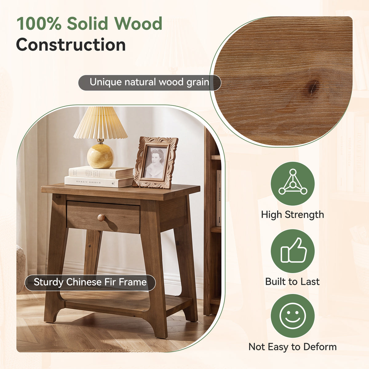 Solid Wood End Table, Narrow Side Table with Drawer & Open Shelf for Small Spaces