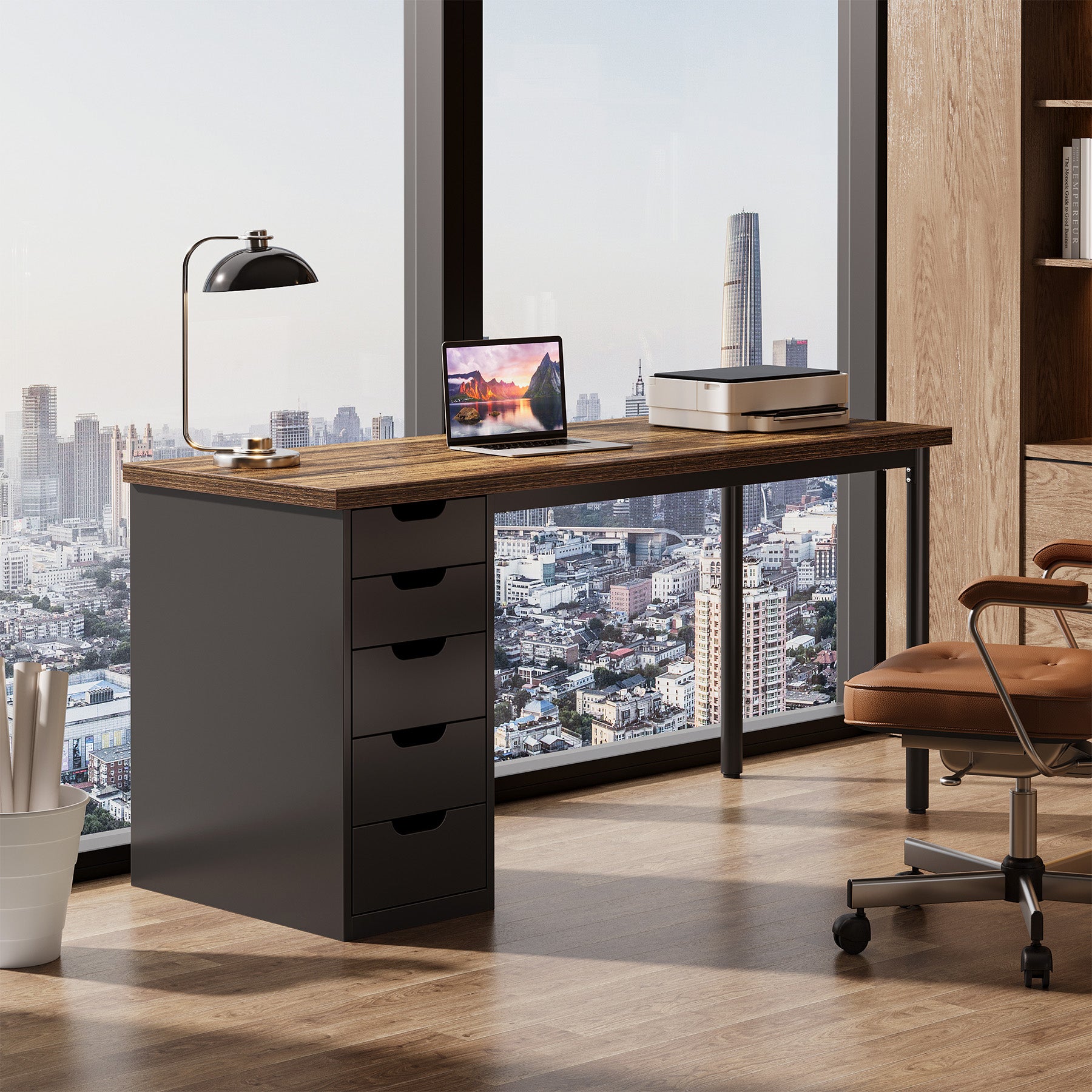 Tribesigns 47" Computer Desk with 5 Reversible Drawers, Rustic Home Office Workstation