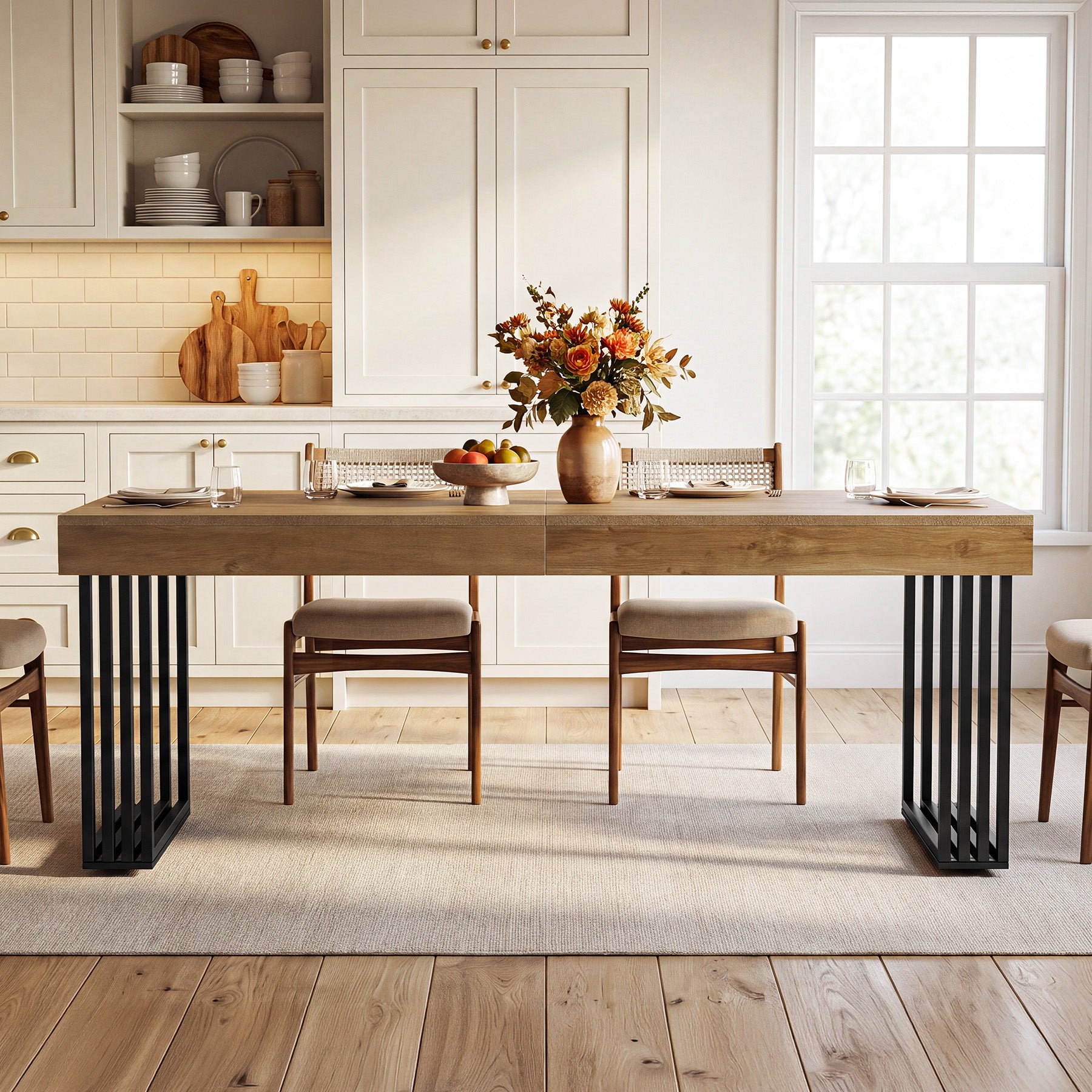 79" Large Dining Table with Metal Frame, Wood Kitchen Table for 6-8