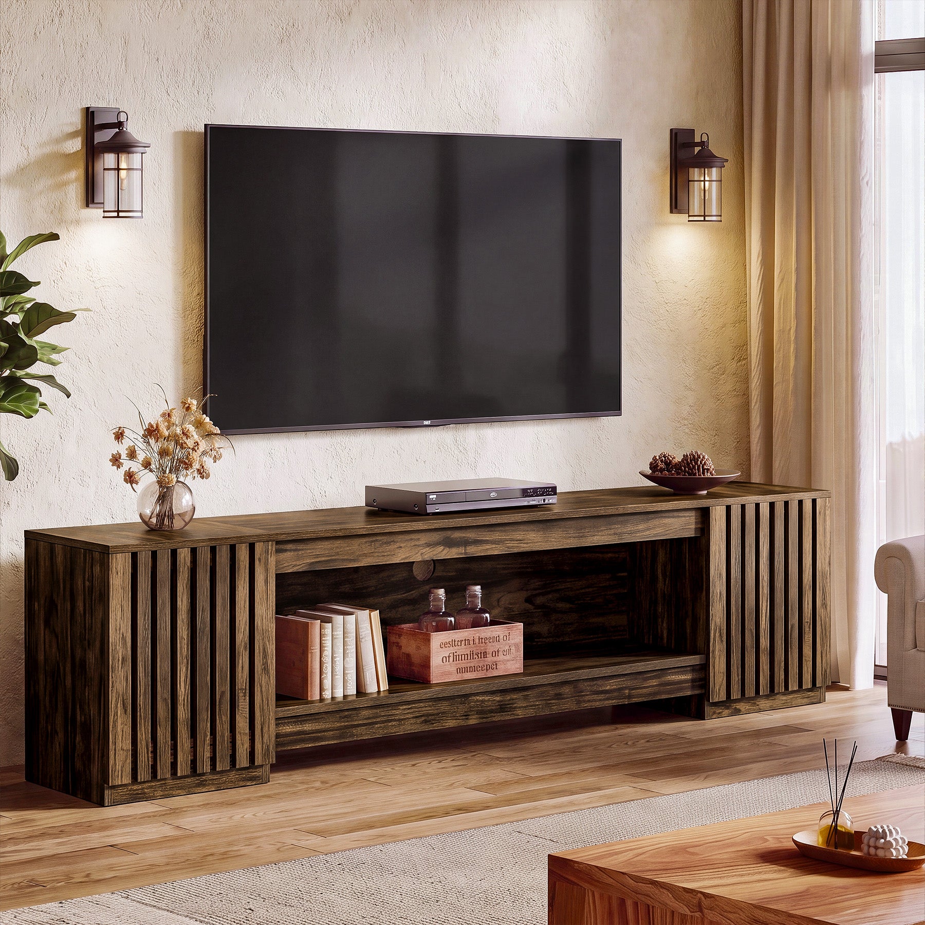 78" TV Stand for Up to 85" TVs, Farmhouse TV Console Table with Cabinets & Open Shelf