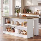 55" Farmhouse Kitchen Island, Stationary Island Prep Dining Table with 2-Tier Open Shelves 3