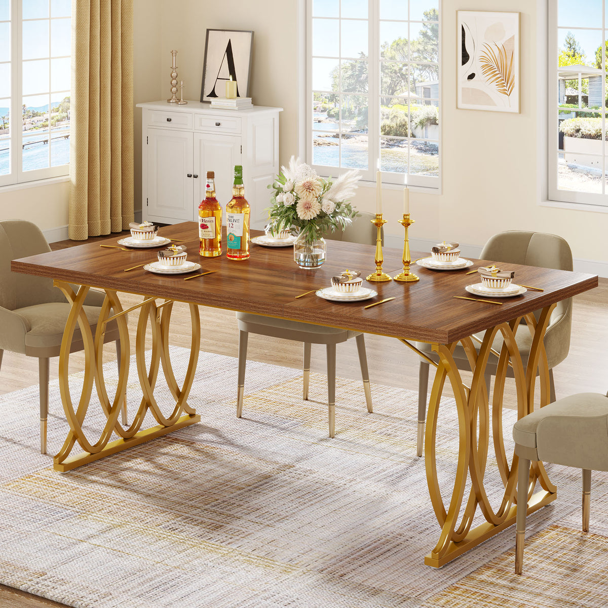 63" Modern Dining Table with Faux Marble Tabletop for 4-6 People