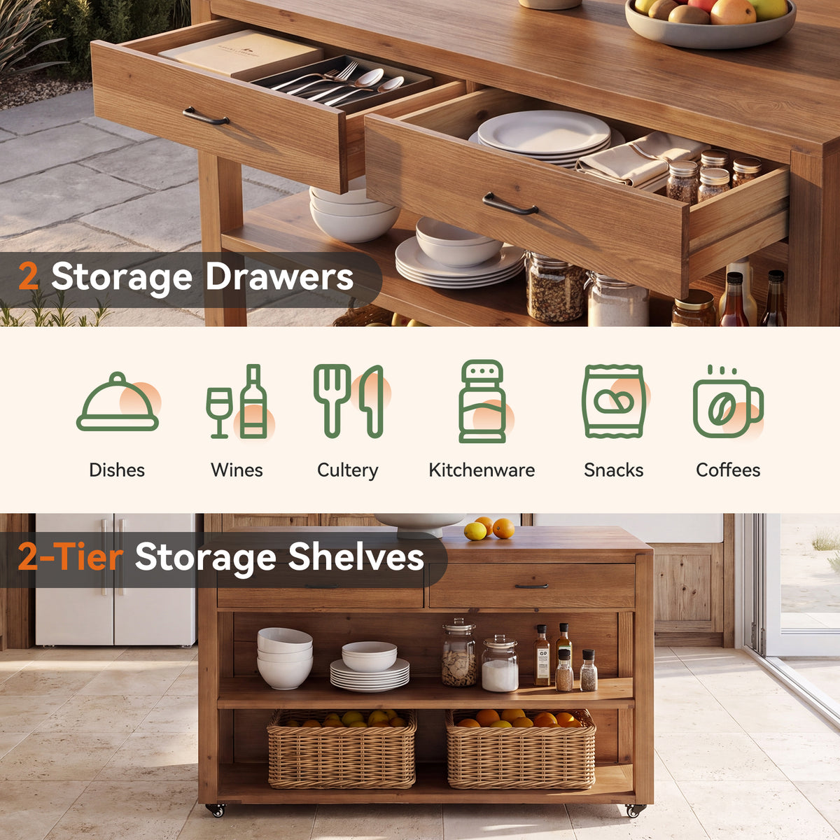 55" Rolling Kitchen Island, Solid Wood with 4 Drawers, Seating Space & Lockable Casters