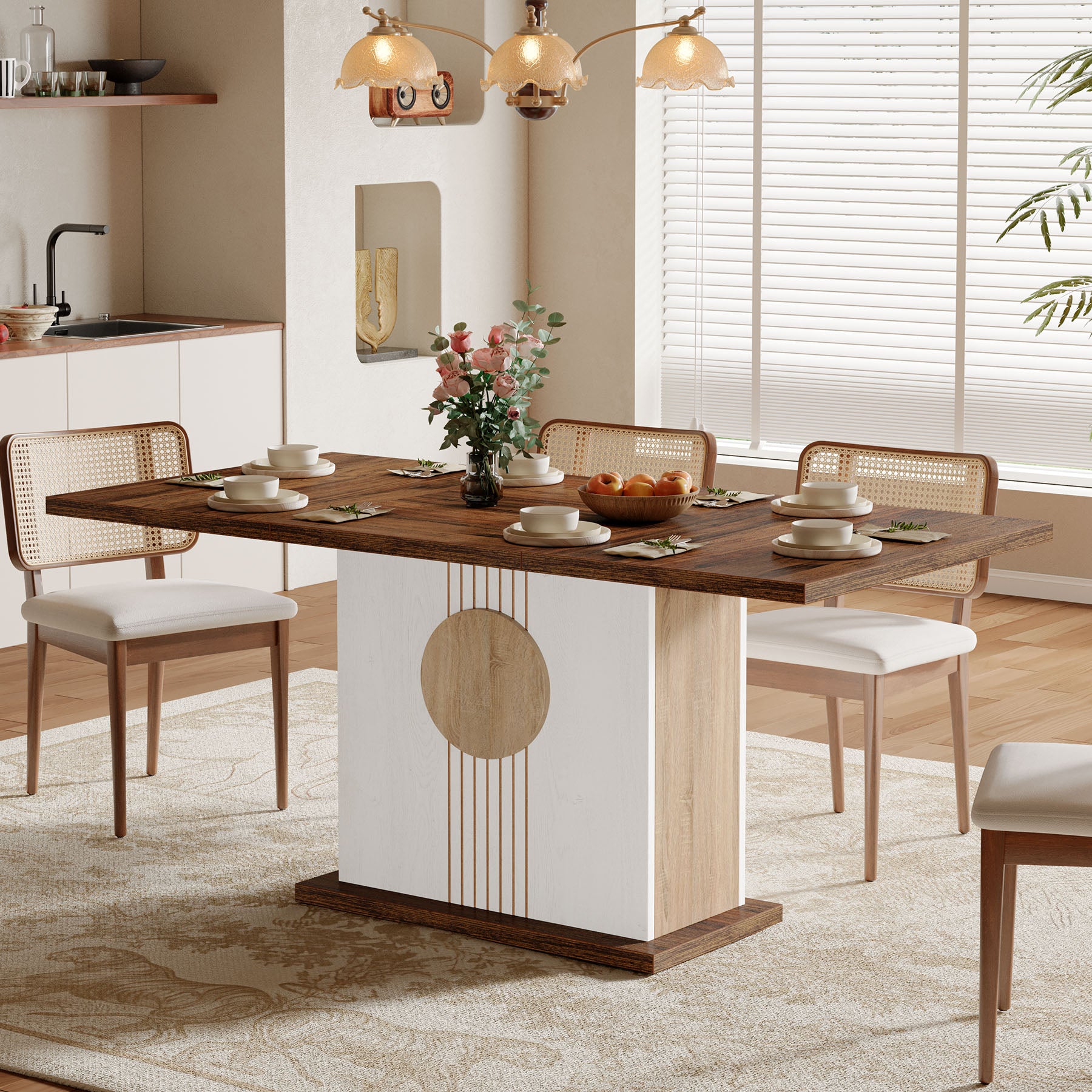 55" Rectangular Dining Table for 4–6 People, Farmhouse Wood Kitchen Table