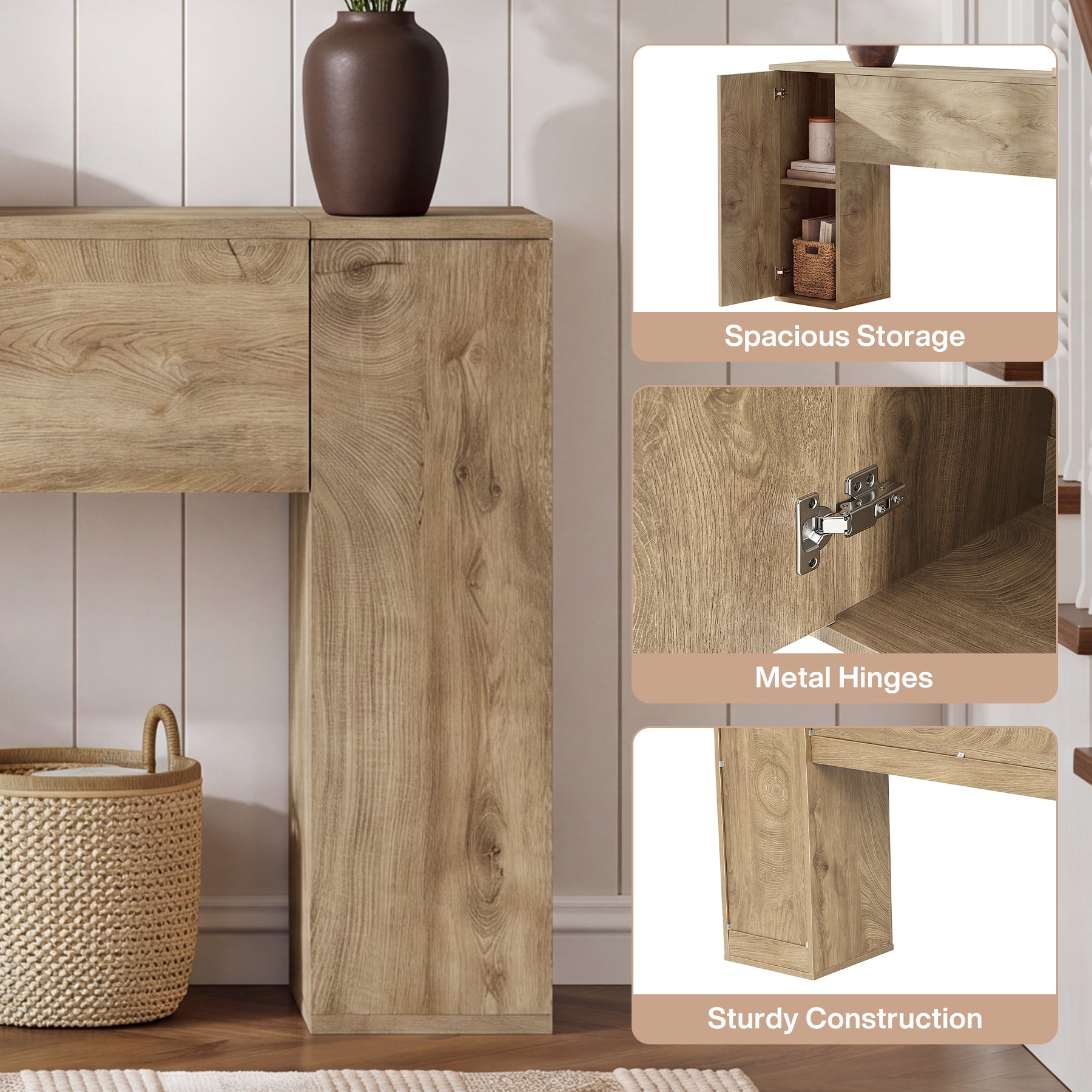 78.7” Extra Long Console Table, Farmhouse Entryway Table with 2 Hidden Storage Cabinets