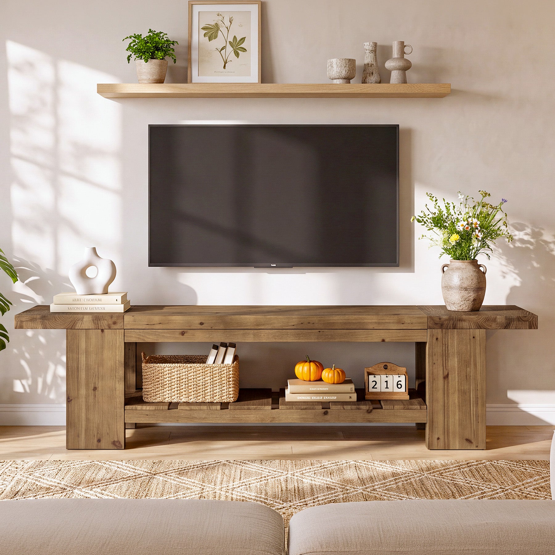 70.9" Solid Wood  TV Stand, Media Console with with Lower Storage Shelf for Living Room