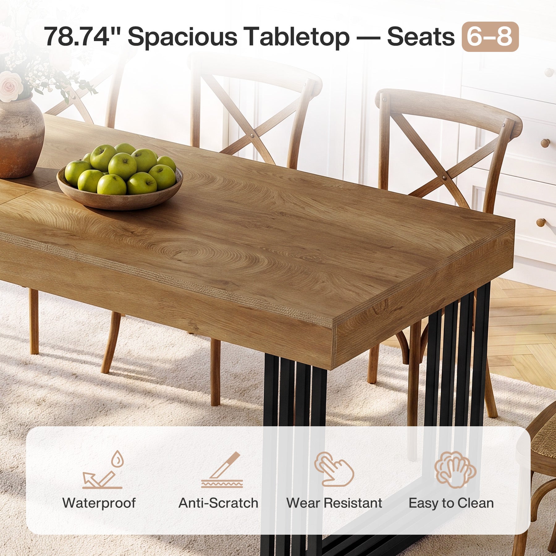 79" Large Dining Table with Metal Frame, Wood Kitchen Table for 6-8