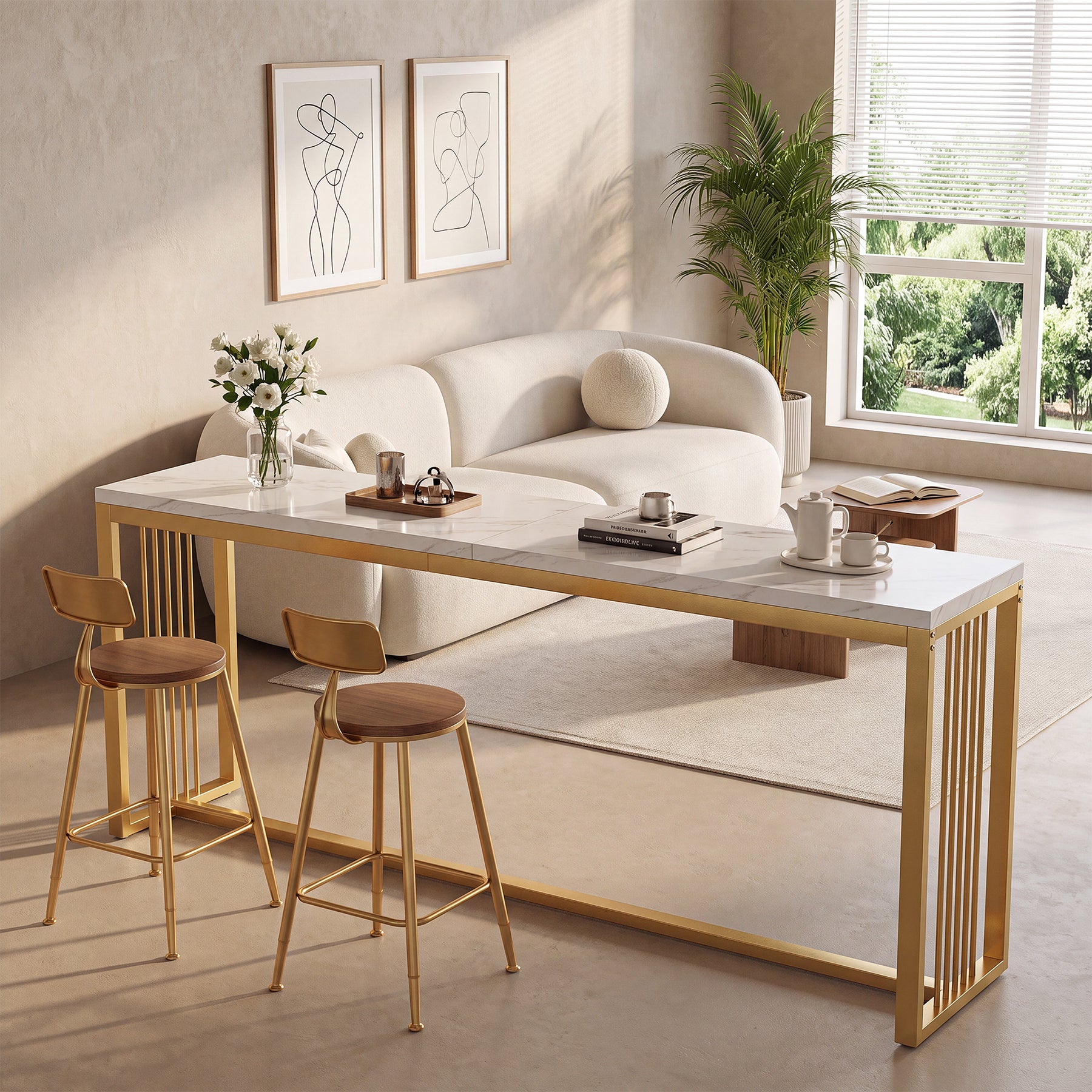 70.8" Bar Table, Counter Height Pub Table with Metal Base, Narrow Kitchen & Dining Room