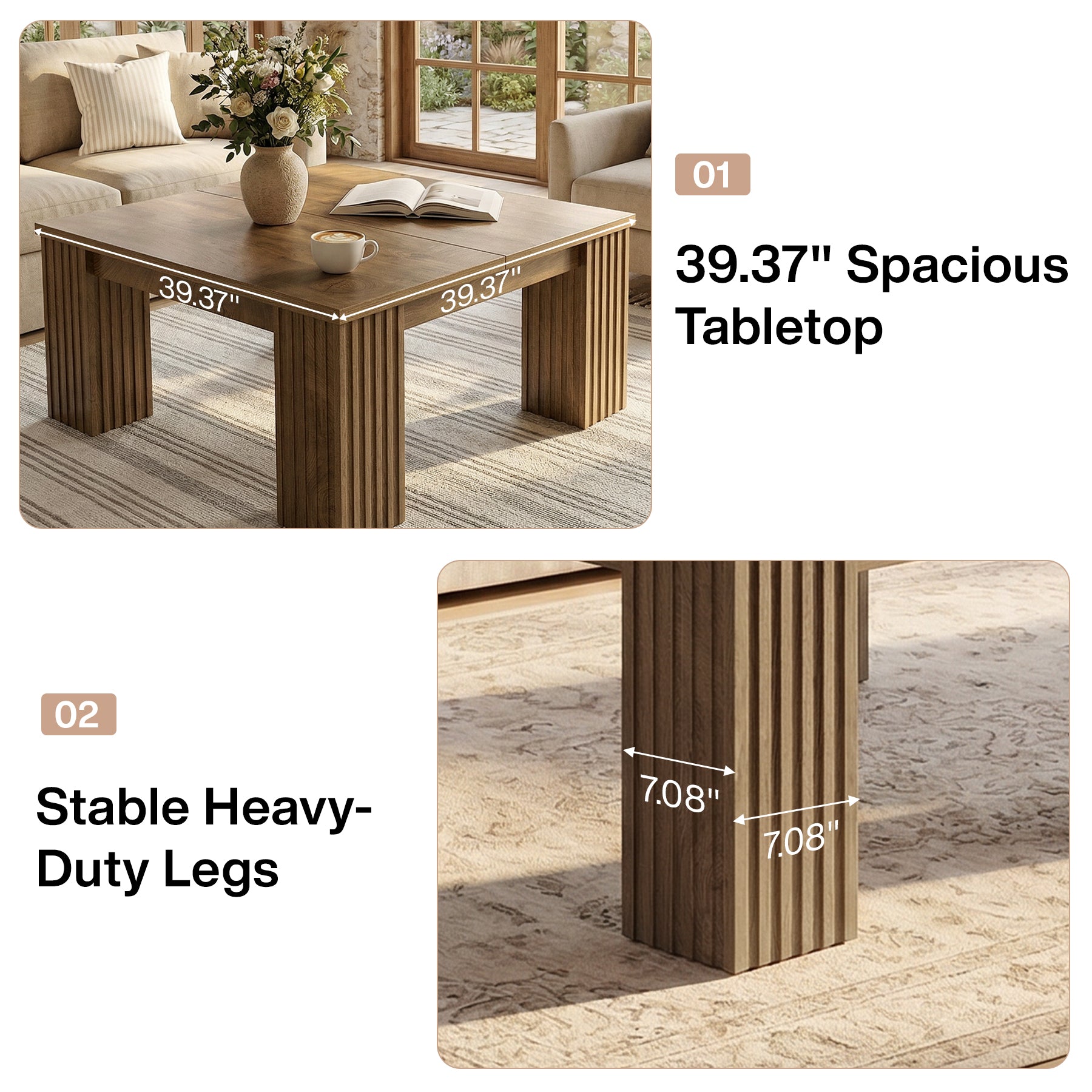 39" Square Coffee Table, Farmhouse Center Table with Fluted Legs