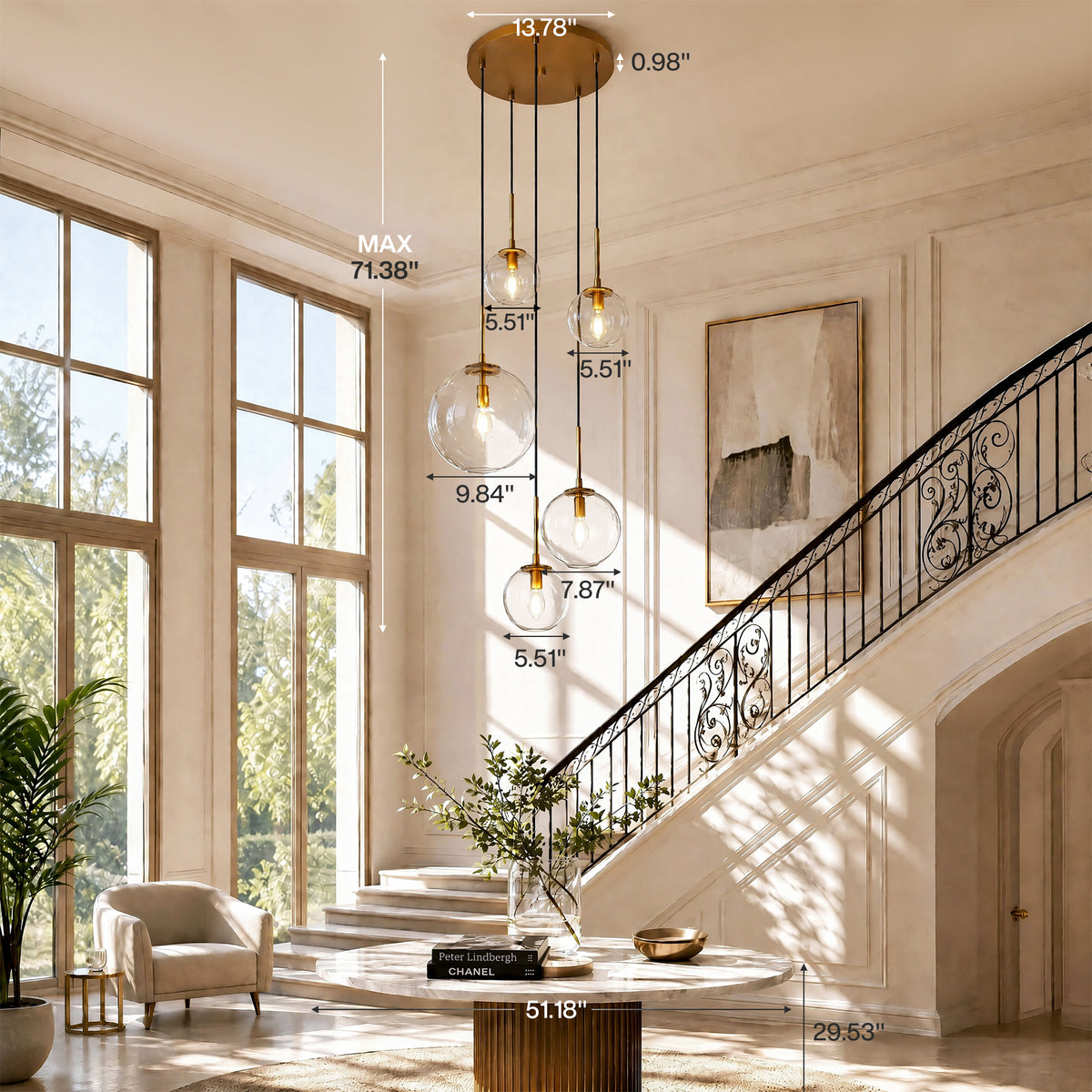 5-Light Modern Globe Pendant Light, Gold Chandelier with Adjustable Cords