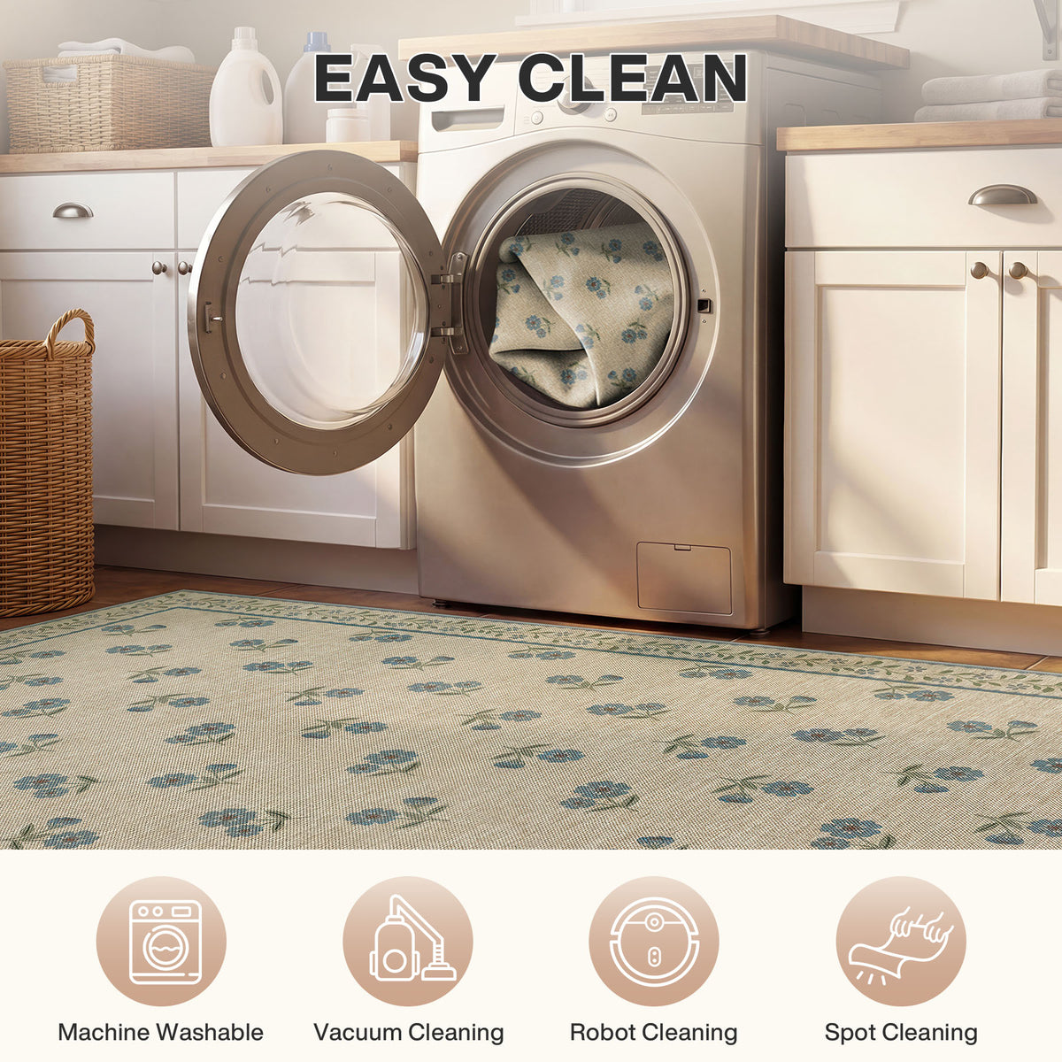 Farmhouse Floral Easy Jute Rug Washable Indoor Outdoor Low-Pile Area Rug
